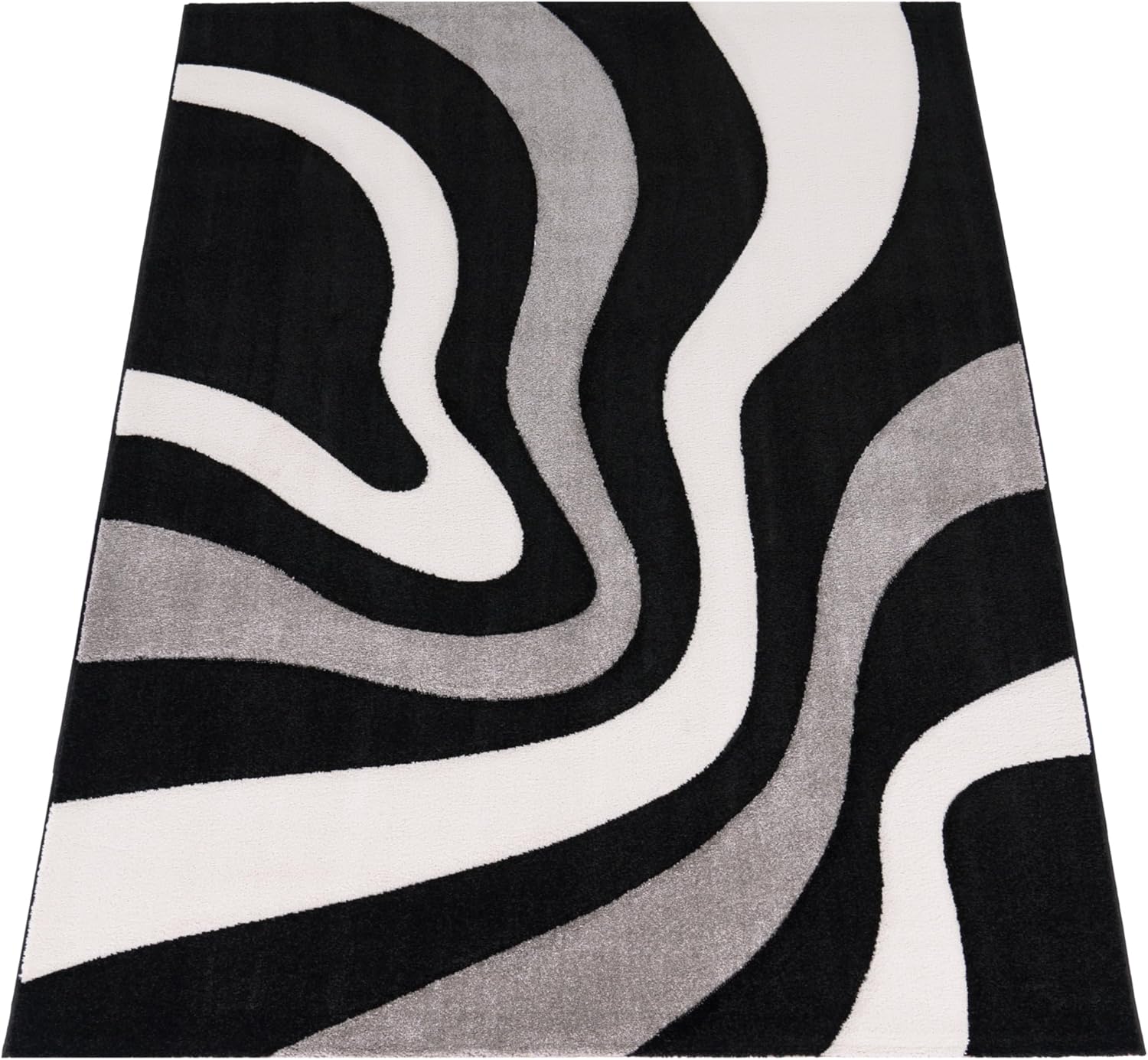 Alfombra de área gris y negra con corte de contorno y patrón de ondas moderno, tamaño 2’8″ x 4’11”