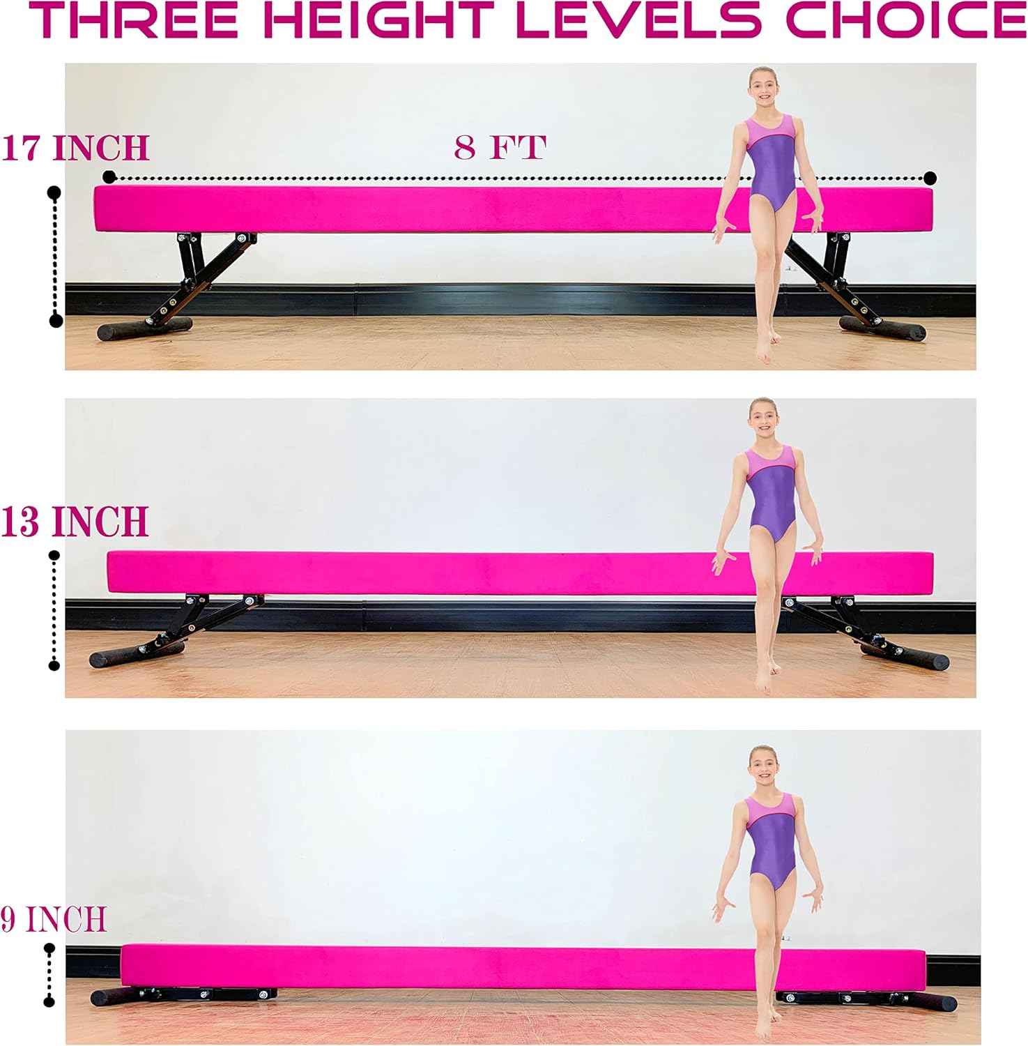 Viga de equilibrio ajustable de 8 pies de altura ajustable para niños y adolescentes de todos los niveles de gimnasia, equipo de gimnasia para