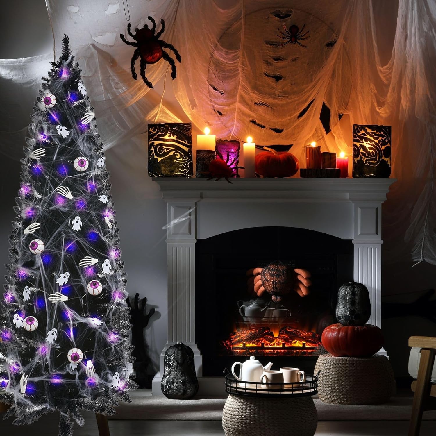 XmasExp Árbol de Navidad negro de Halloween, árbol de Navidad artificial de 5 pies con luces LED moradas, 8 modos de iluminación, tela de araña,