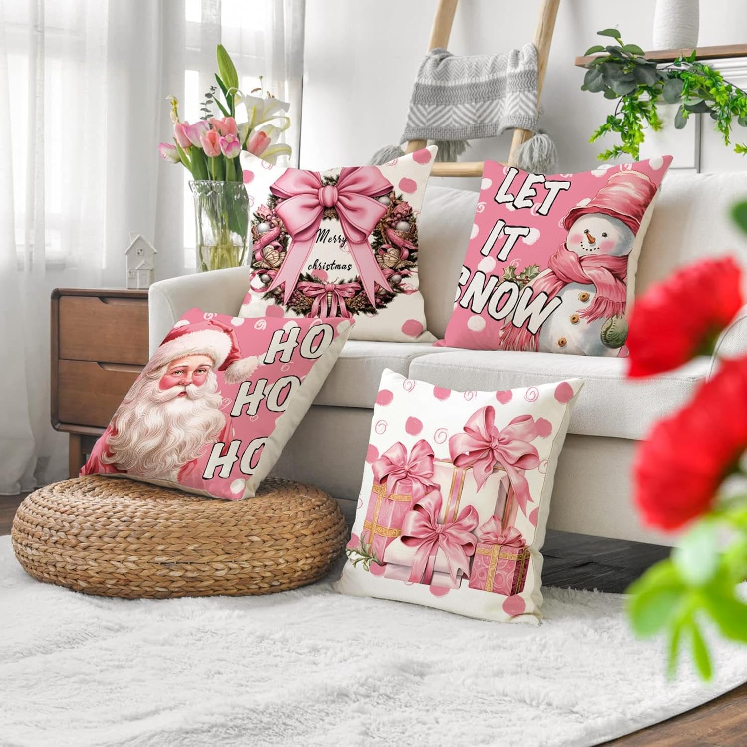 MOJUN Juego de 4 fundas de almohada navideñas de 18 x 18 pulgadas, muñeco de nieve rosa, Papá Noel, corona de Navidad, fundas decorativas para el