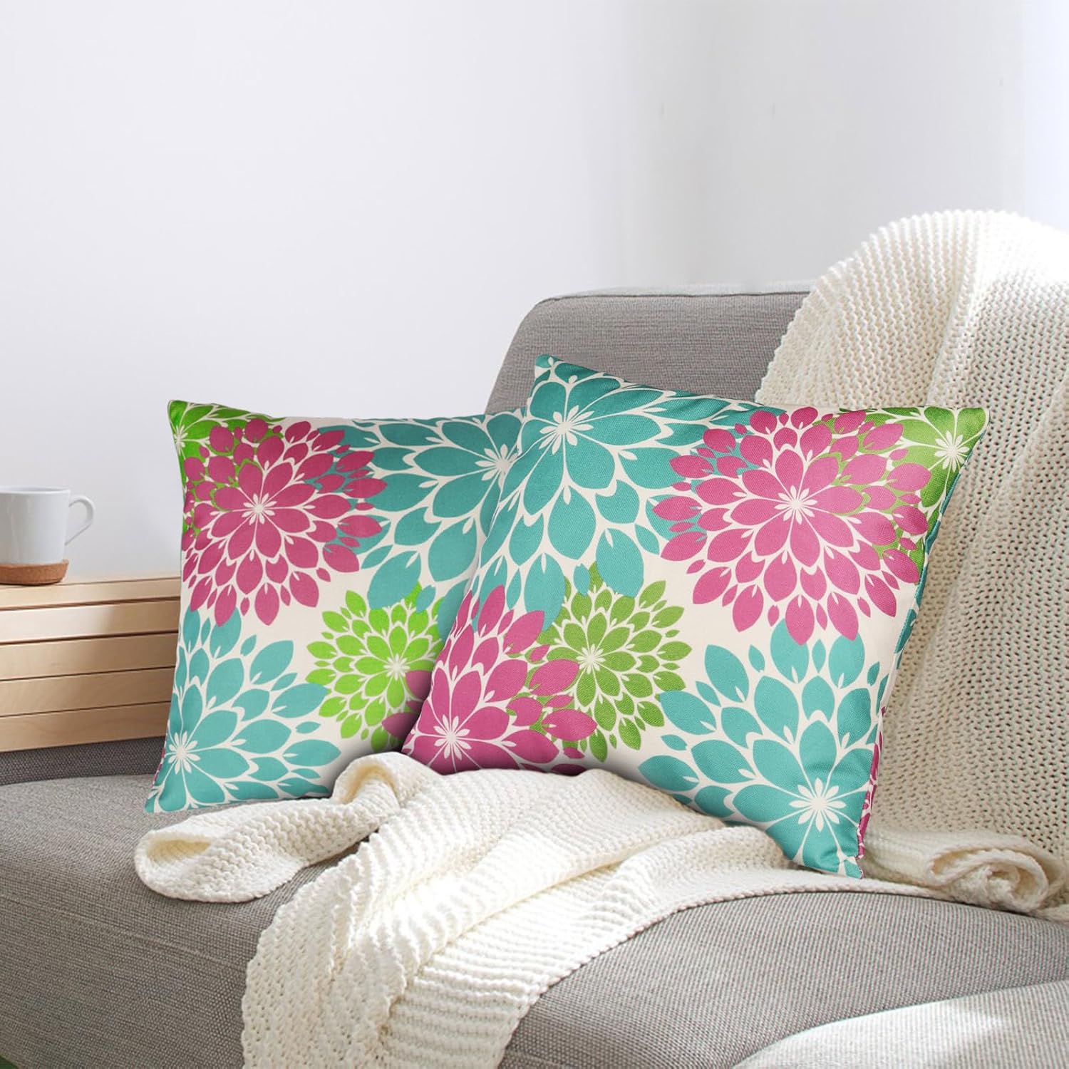 Fundas de almohada de 18 x 18 pulgadas, fundas de almohada para exteriores, fundas de almohada decorativas con geometría moderna y floral, funda de