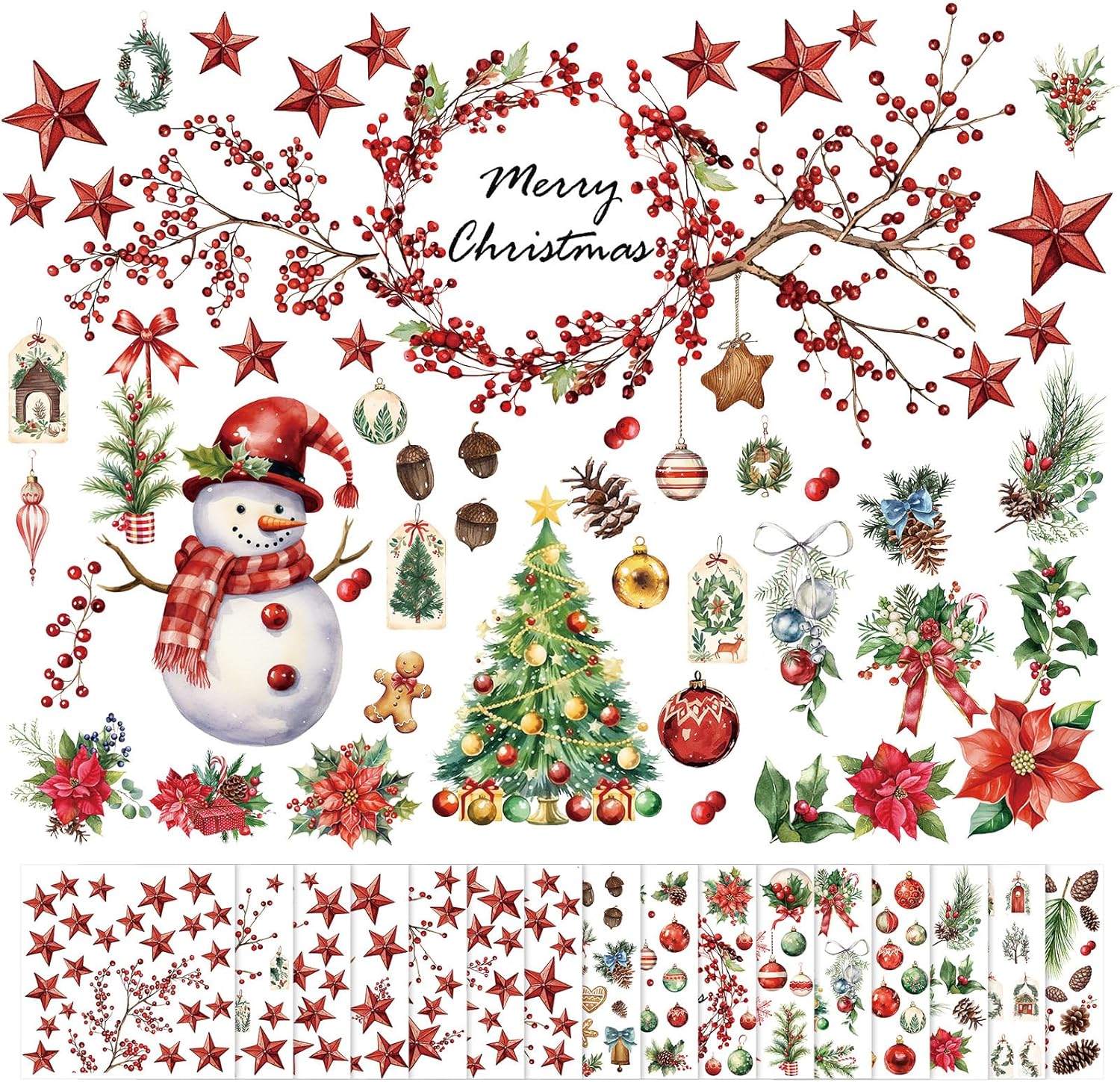 SATINIOR 16 hojas de calcomanías de Navidad para manualidades y muebles, calcomanías de árbol de Navidad, muñeco de nieve, bayas rojas, calcomanías