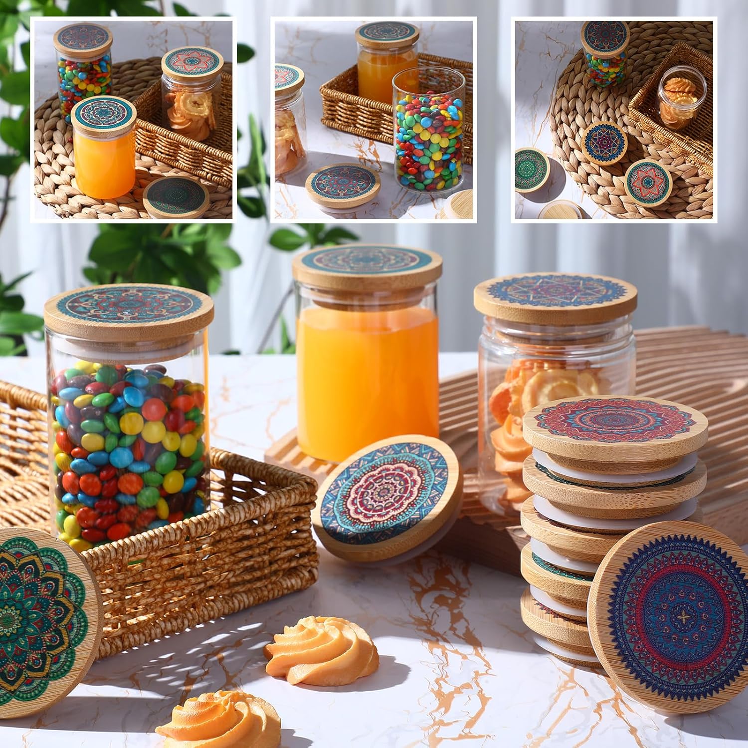 Yaomiao Juego de 12 tapas para tarros de yogur, tapas reutilizables con patrón de mandala de bambú con anillos de sellado de silicona y 24 etiquetas