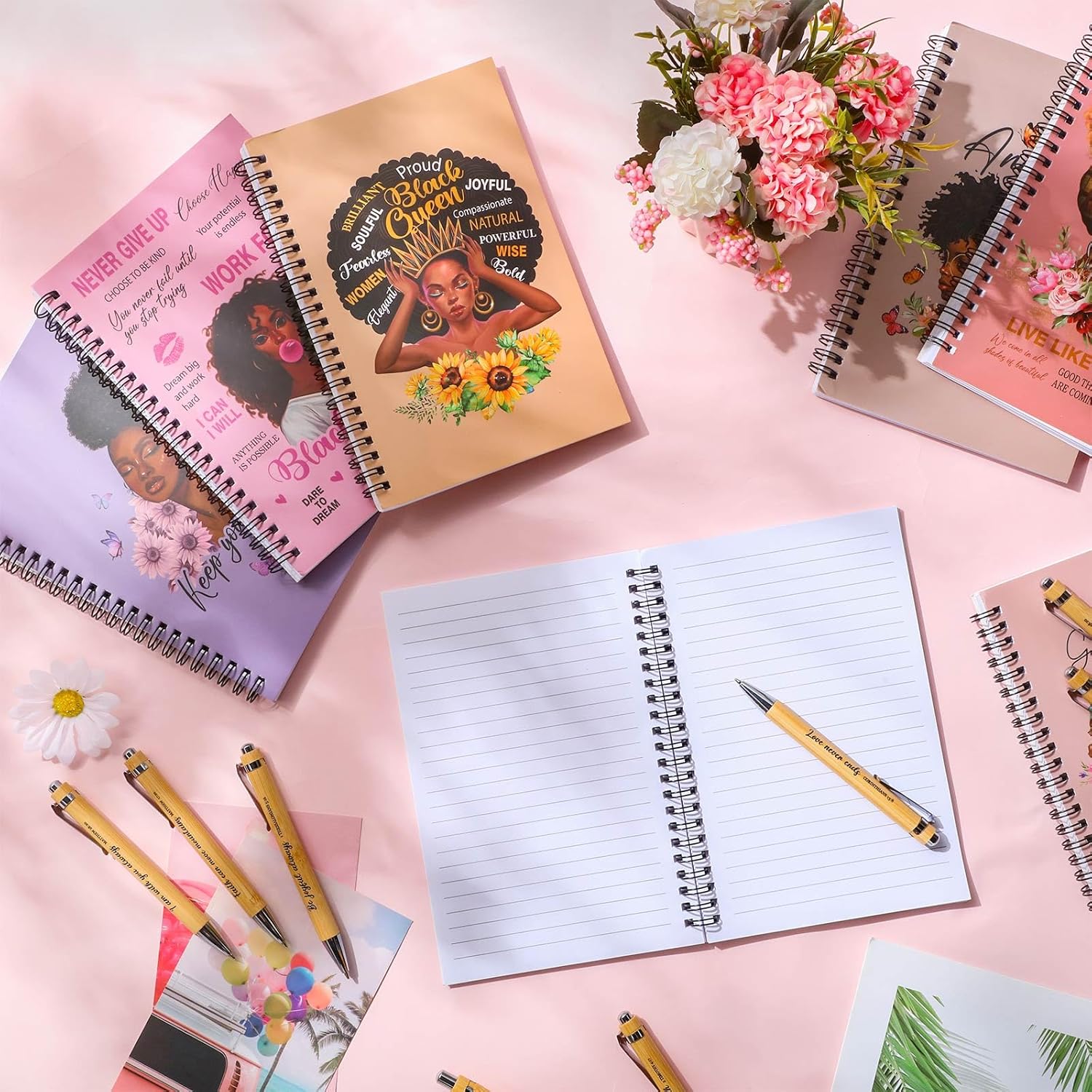 8 cuadernos negros para mujeres, afroamericanos, espirales, motivacionales, para niñas negras, cuaderno de tapa dura inspirador con 8 bolígrafos de