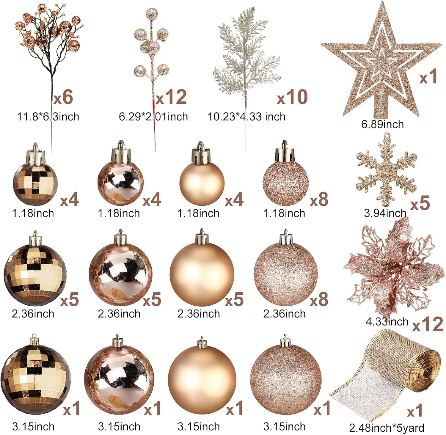 Juego de decoración para árbol de Navidad de 94 piezas, adornos, flores, bayas, tallos, para decoración navideña (dorado champán)