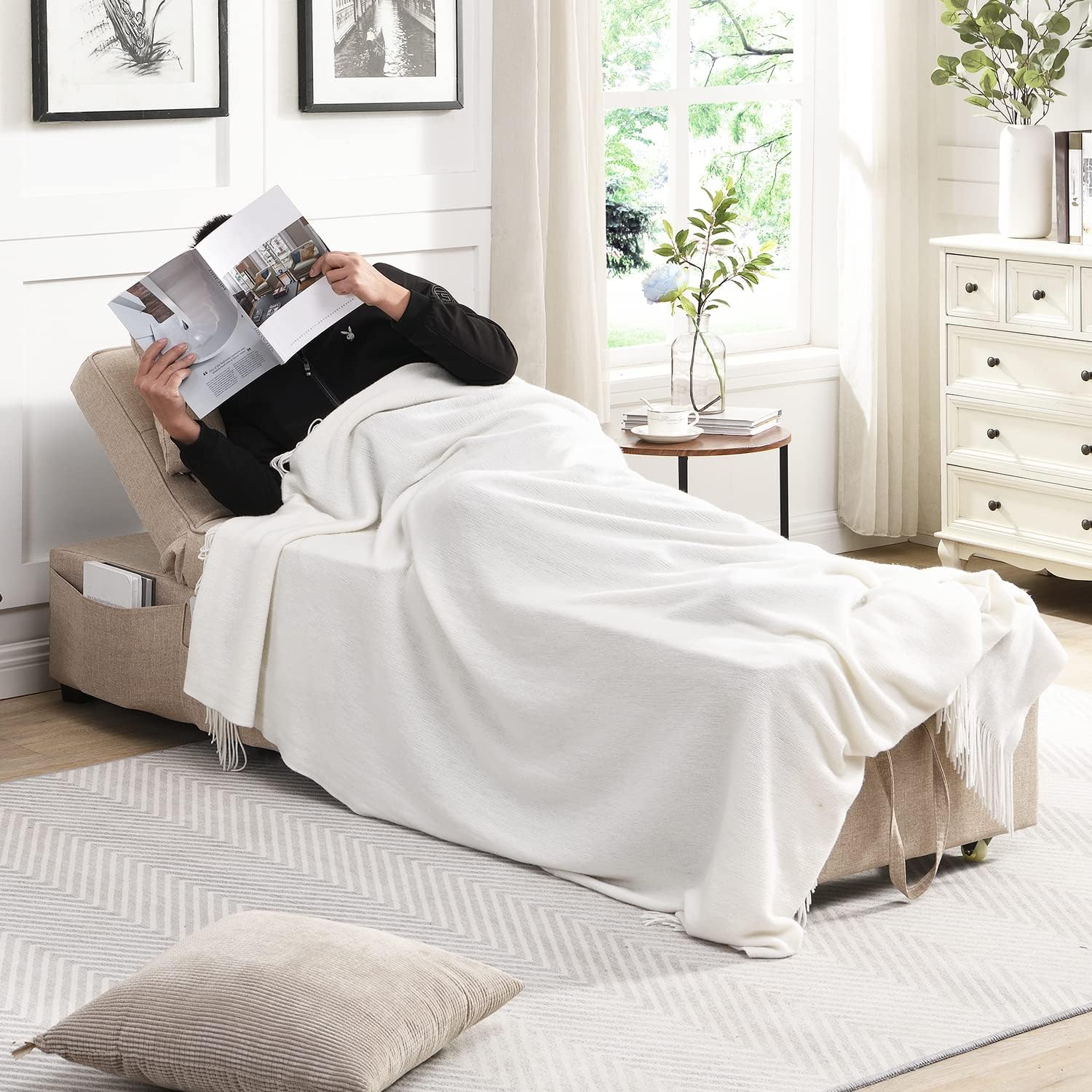 Cynefin Silla de sofá cama con colchón especializado, silla convertible cama otomana, cama otomana 4 en 1, almohada lumbar bolsillos laterales de