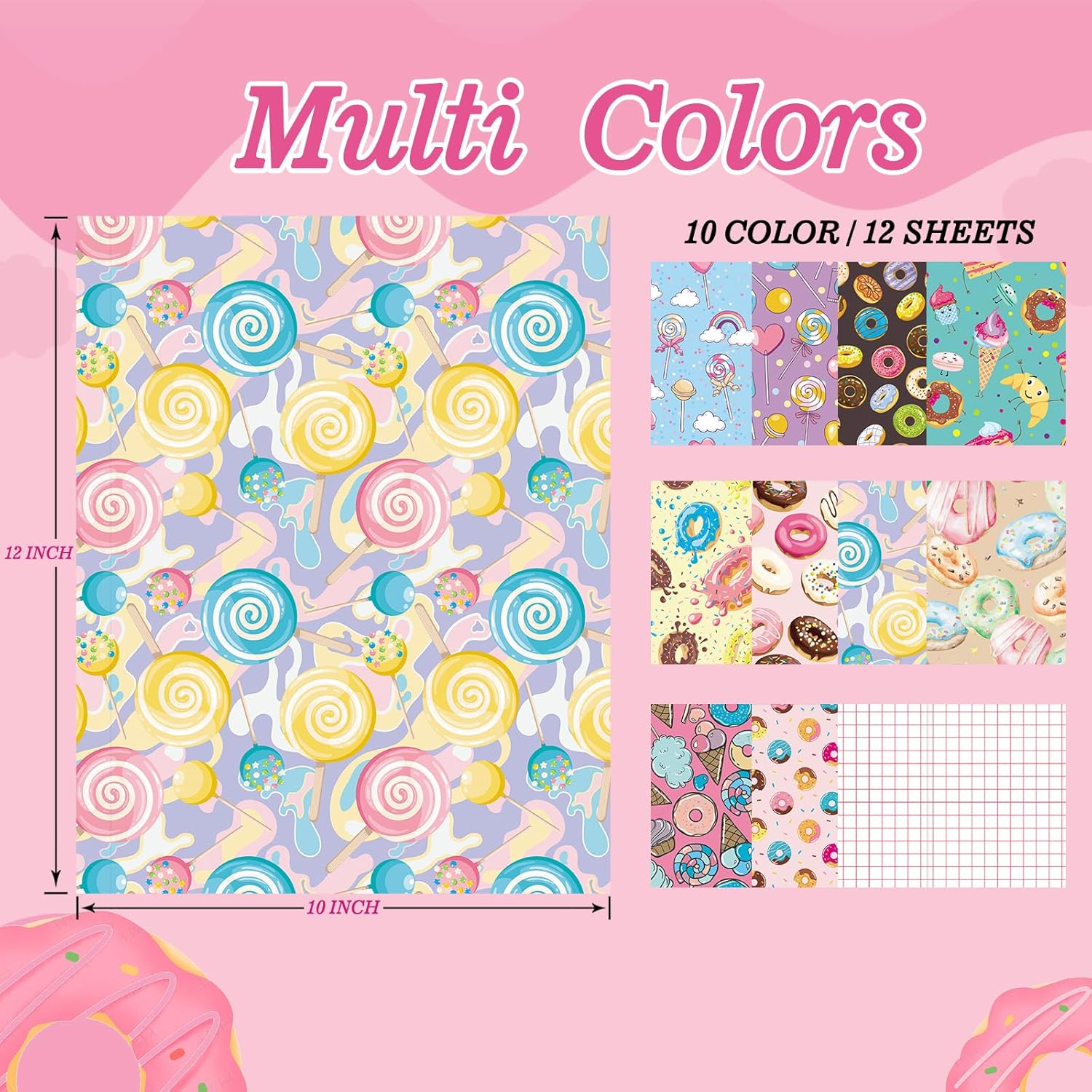 Donut Candy – Vinilo permanente  10 hojas de 12 x 10 pulgadas Sweet Candy Bakes – Vinilo adhesivo autoadhesivo impermeable