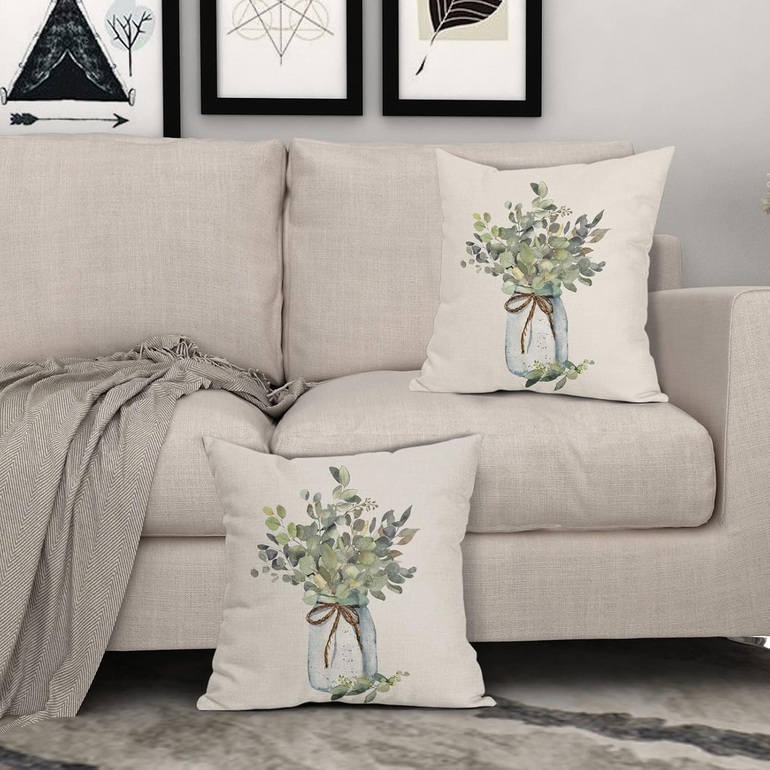 aportt Juego de 2 fundas de almohada de hojas de eucalipto verdes de 18 x 18 pulgadas, para primavera y verano, para sofá, estilo granja, acuarela,