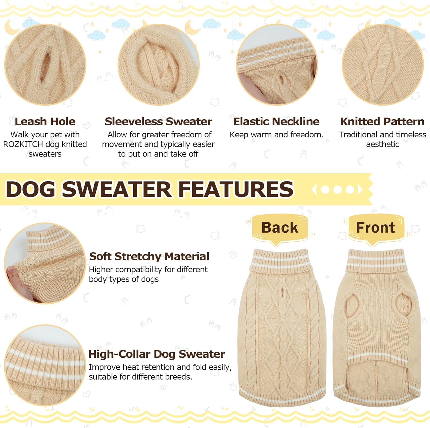 ROZKITCH Suéter pequeño para perro, suéter de punto para clima frío para otoño e invierno, suéter de cuello alto para perro, ropa clásica gruesa y