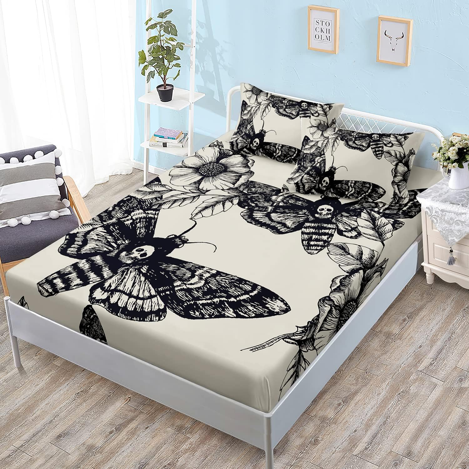 HOSIMA Juego de ropa de cama de polilla de la muerte para niñas, adolescentes, niños, decoración de calavera, sábana bajera ajustable tamaño