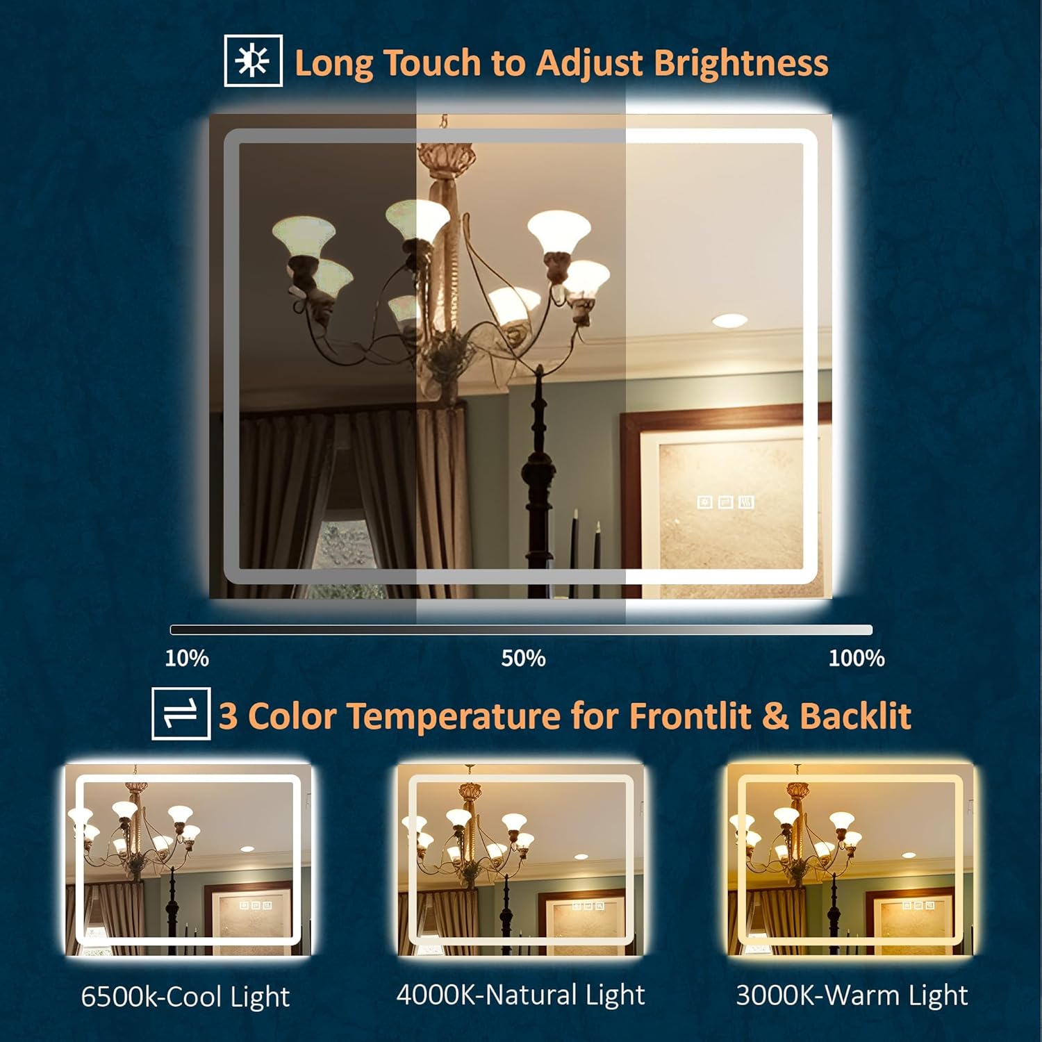 DURASPACE Espejo de baño LED de 36 x 28 pulgadas con luz frontal y retroiluminada, espejo de pared de tocador regulable, espejos de memoria antivaho