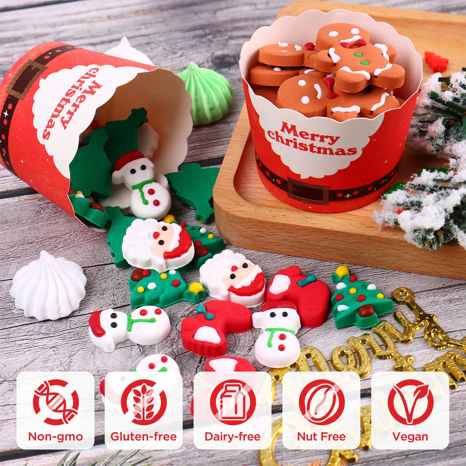 Decoraciones comestibles de galletas de Navidad, hombre de jengibre, árbol de Navidad, Papá Noel, calcetines de Navidad, chispas de muñeco de nieve