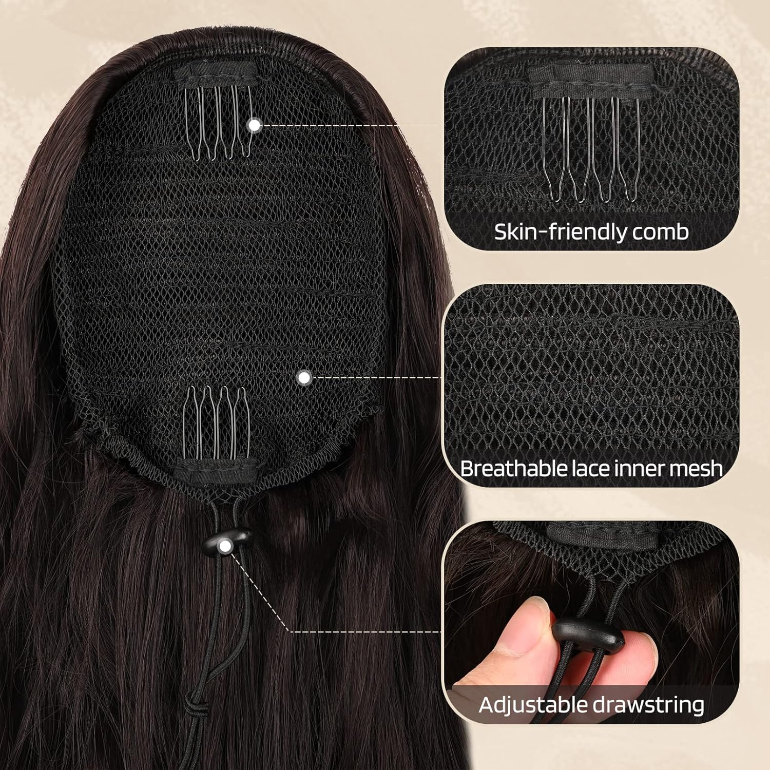 FLUFYMOOZ Extensión de cola de caballo, 22 pulgadas, extensiones de cabello sintético ondulado largo y rizado para mujer (22 pulgadas, marrón con