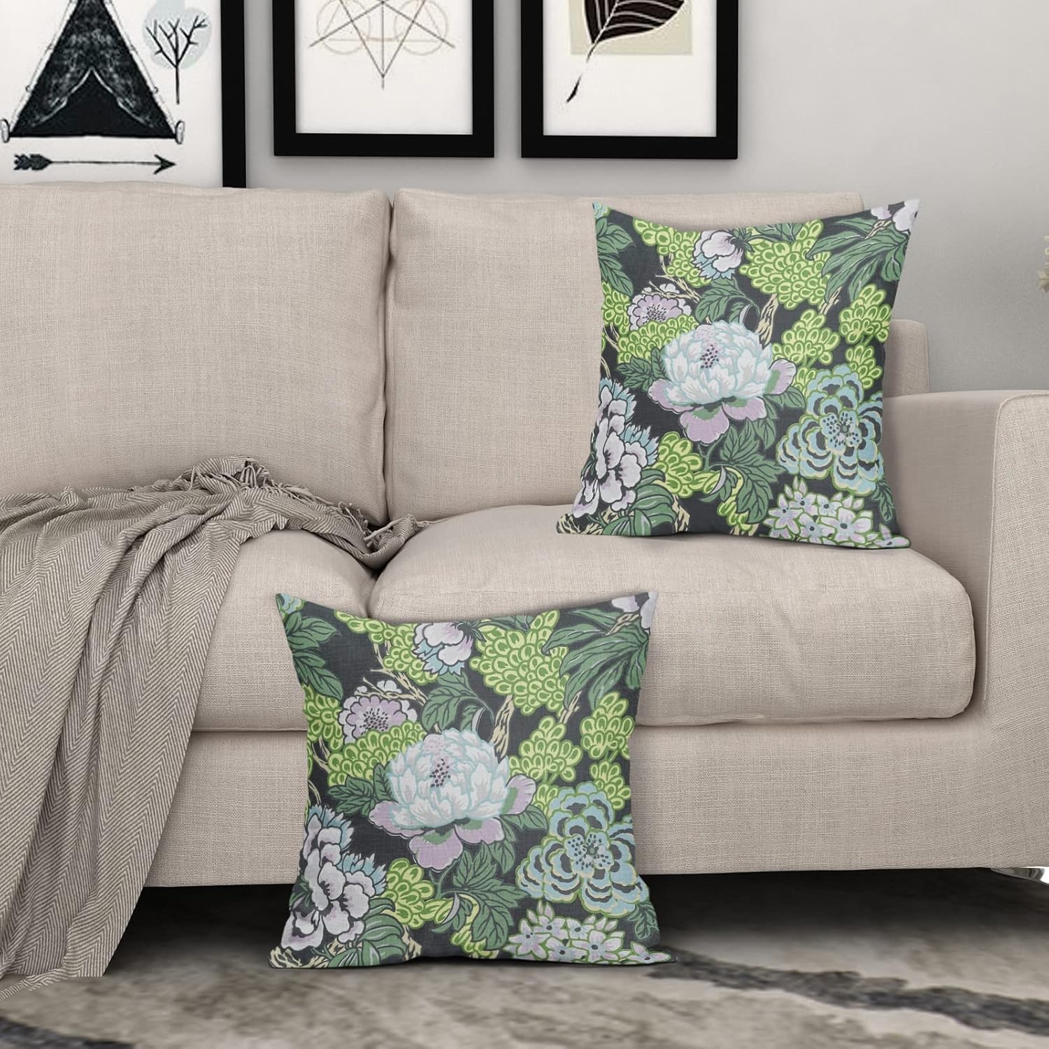 Juego de 2 fundas de almohada florales de color blanco y verde turquesa de 18 x 18 pulgadas, fundas de almohada decorativas de lino para