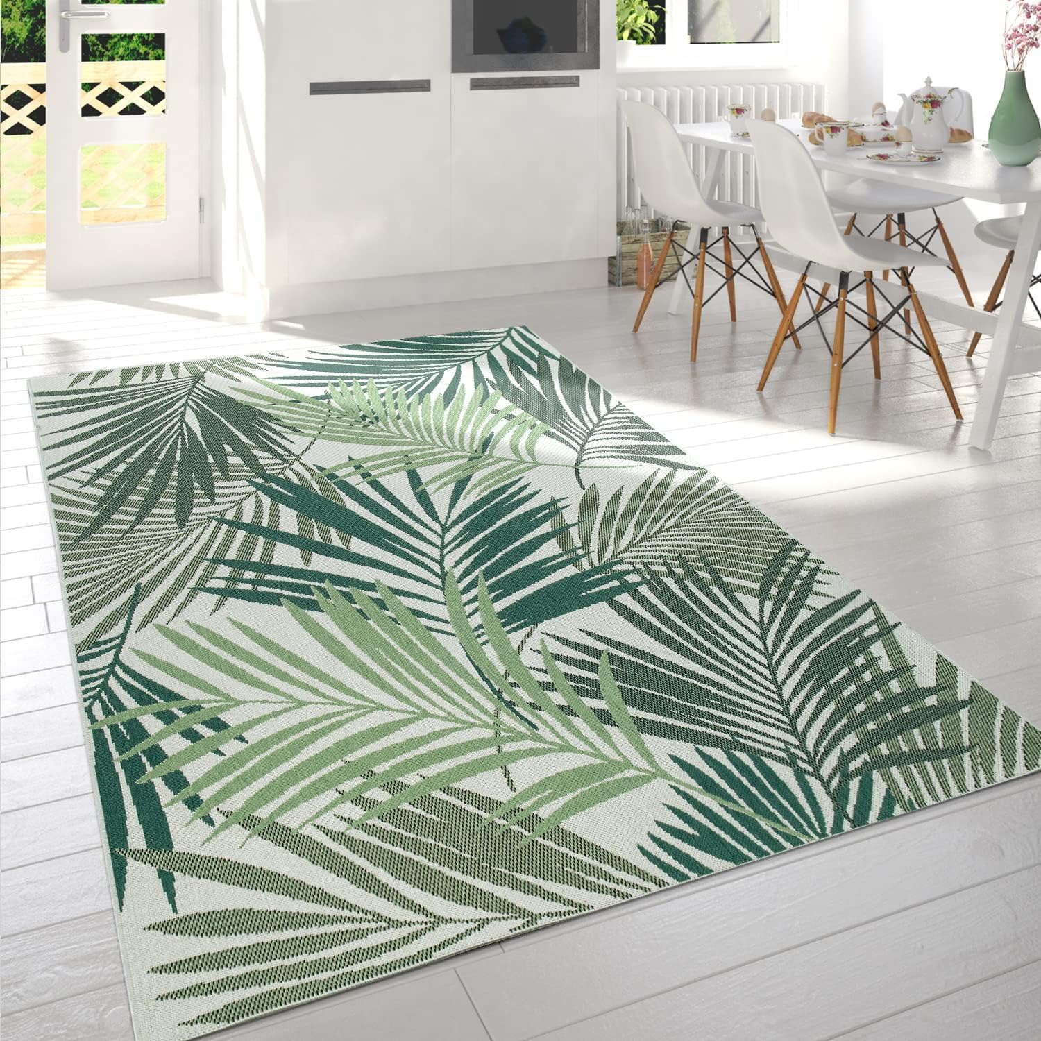 Alfombra de interior y exterior para patio, diseño floral de palmeras de la selva, verde, tamaño 2′ x 3’7″