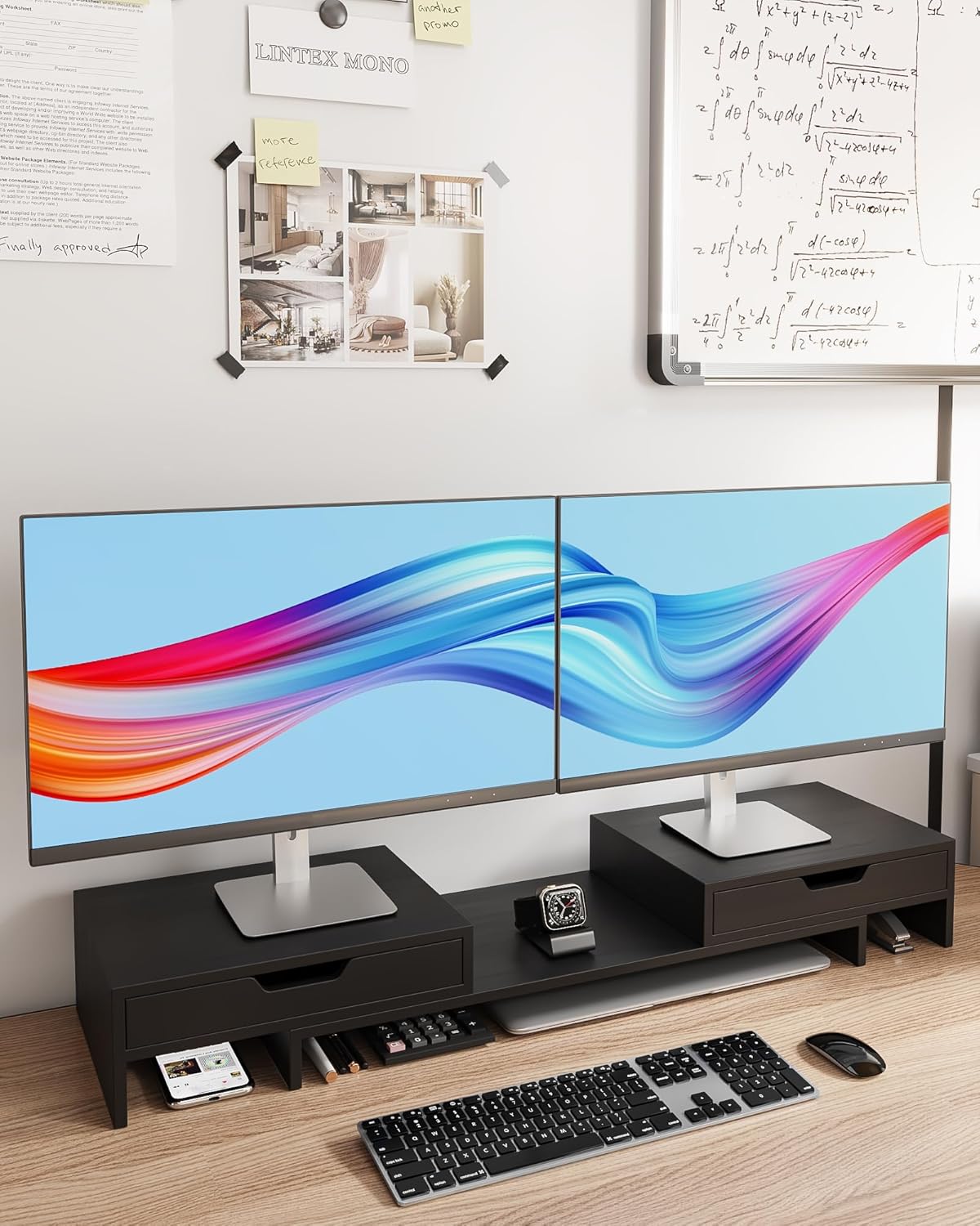 Epesoware Soporte de monitor con 2 cajones para escritorio, soporte de bambú para monitor doble con almacenamiento, organizador de estante de
