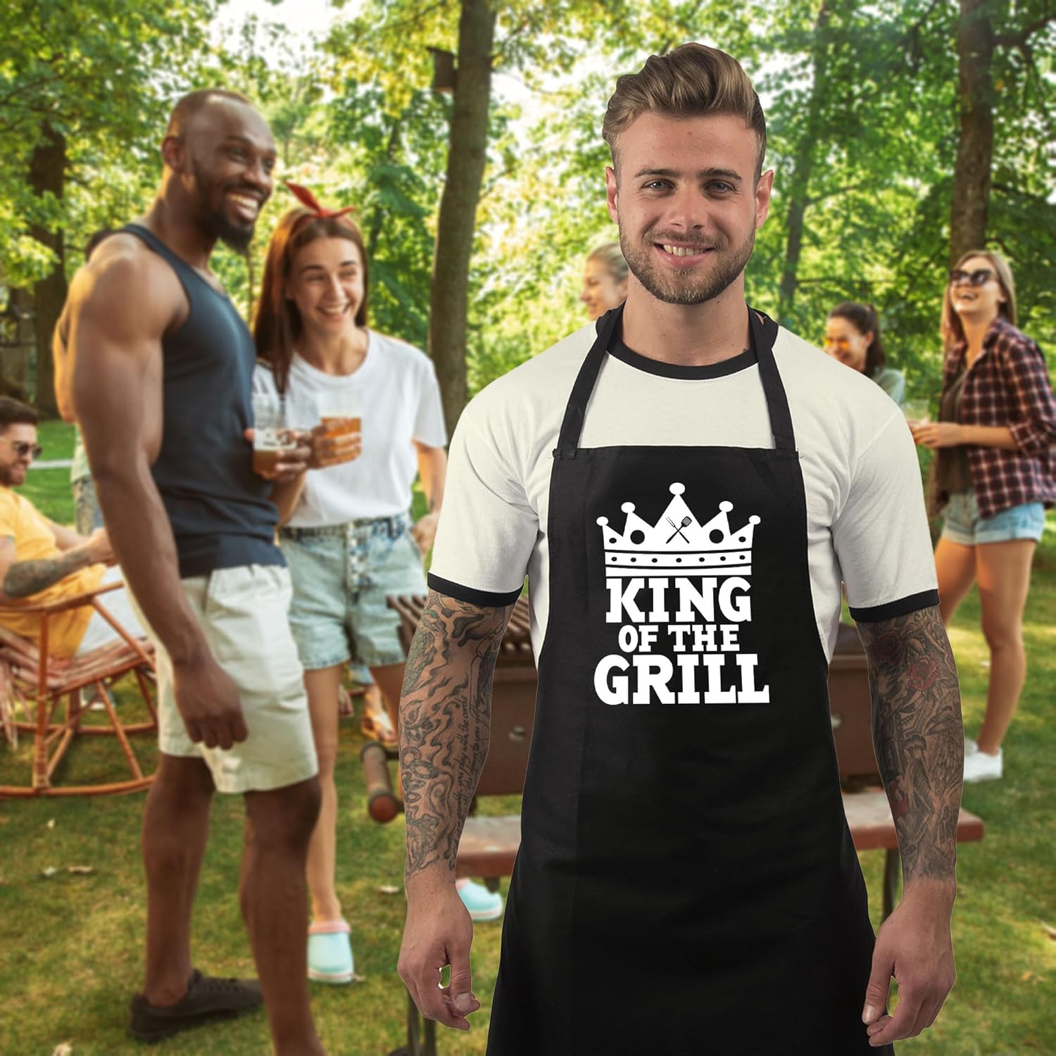 Delantales personalizados para barbacoa para hombres, divertido delantal de cocina para barbacoa en algodón negro, ajustable con 2 bolsillos, tamaño