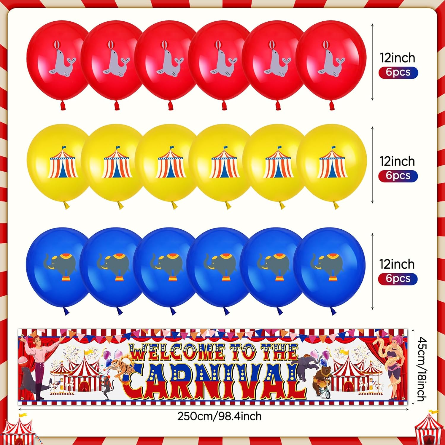Decoraciones de fiesta temática de circo de carnaval, pancarta de bienvenida al carnaval, 18 globos temáticos de carnaval, globos de decoración de