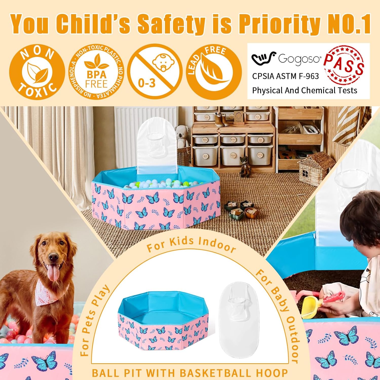 Piscina hexagonal para niños, perros y gatos  Piscina para bebés y piscina plegable para niños pequeños  Construcción robusta divertida área de