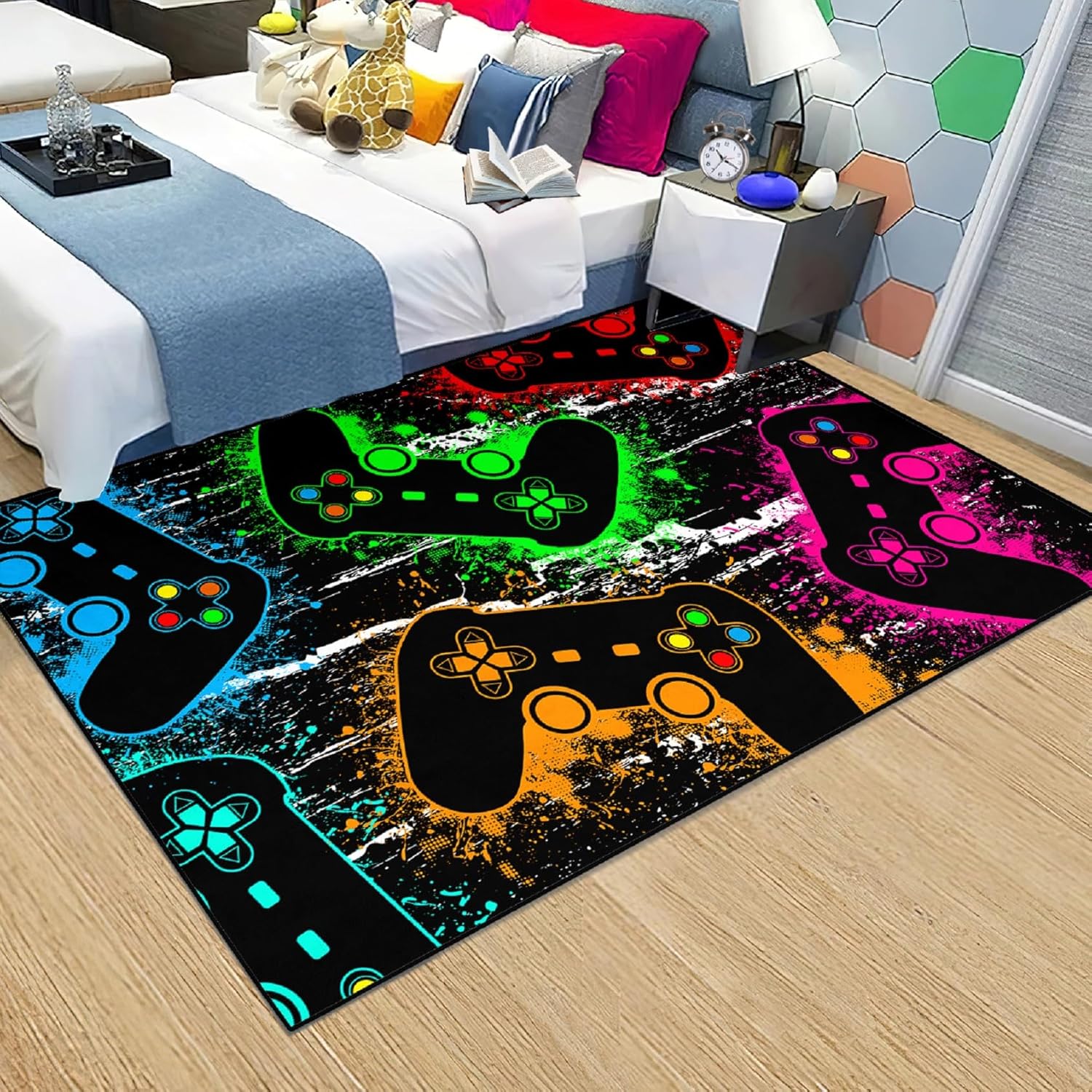 Alfombra de área grande para comedor, habitación de los niños, tapete de gamepad dibujado a mano verde para adolescentes, alfombra de piso para sala