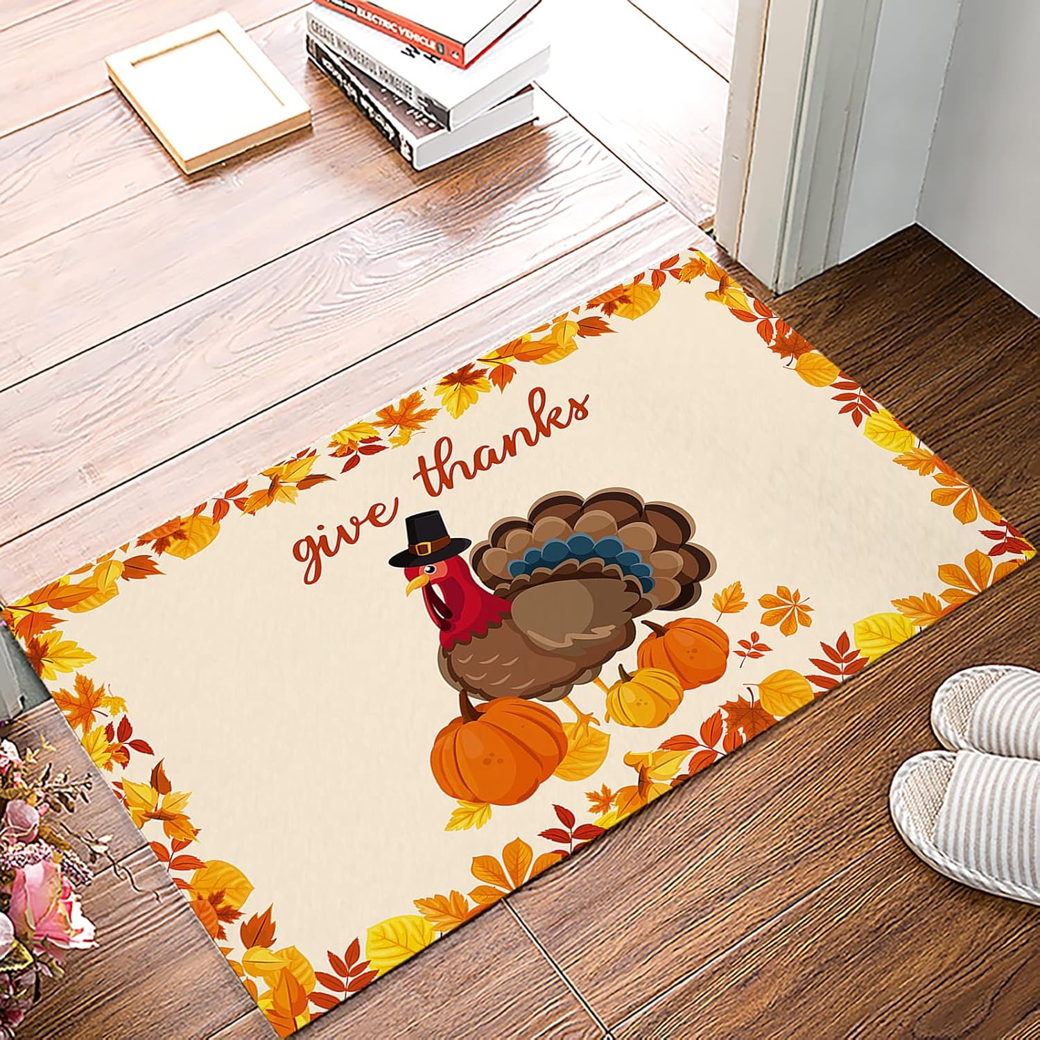 Give Thanks Indoor Bath Mat, Anti-Slip Machine Washable Entry Rug Easy Clean Welcome Mat Floor Mat for Inside Home Decoration Turkey Pumpkin Maple