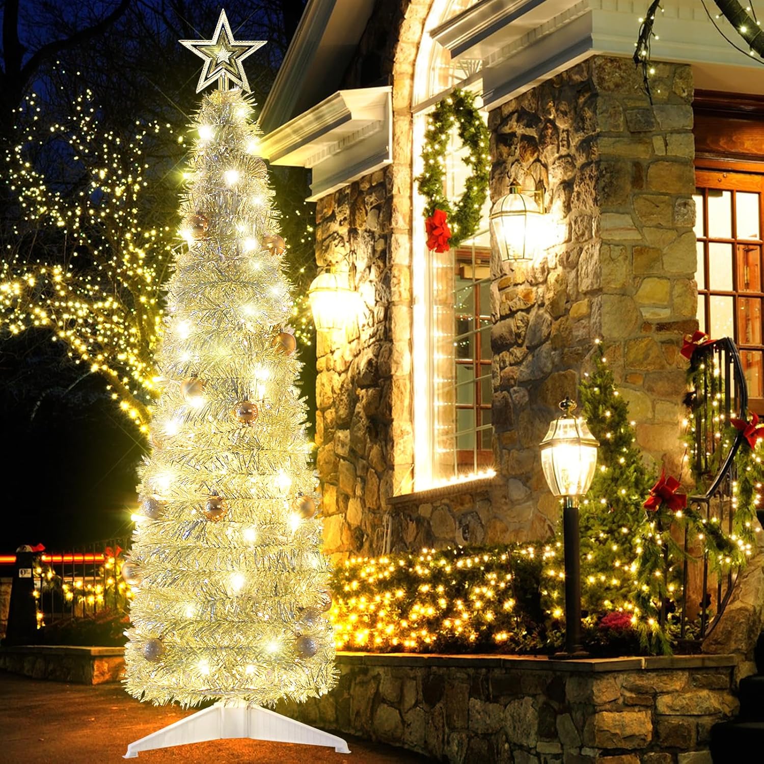 Árbol de Navidad desplegable de 4 pies para decoración de interiores, mini árbol de Navidad preiluminado con 60 luces, árbol de Navidad artificial