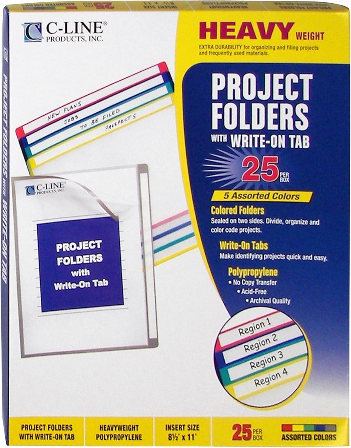 C-Line Carpetas de proyectos para escritura, poliéster pesado, colores surtidos, 8.5 x 11 pulgadas, 25 por caja (62160)