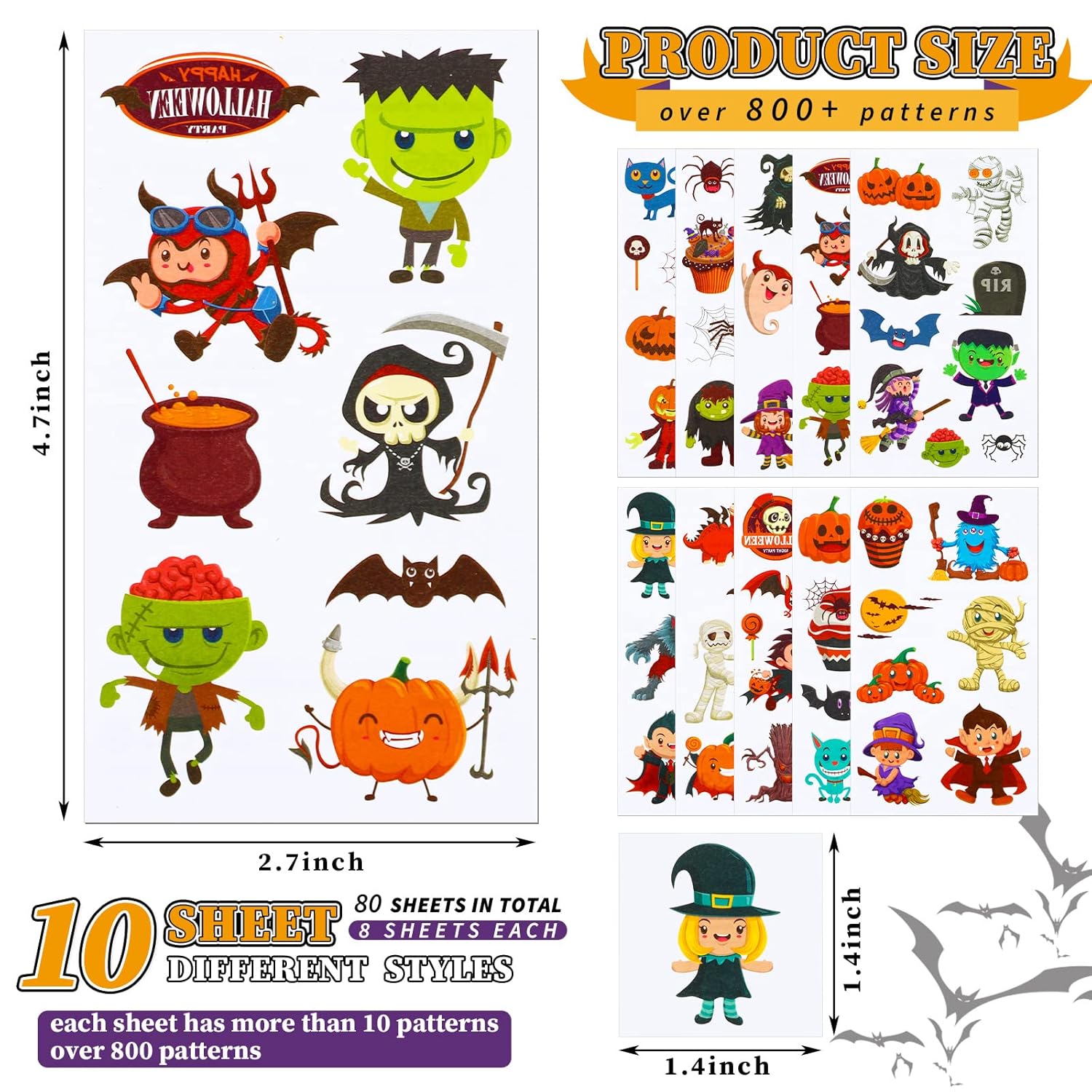 80 hojas de 800 patrones de tatuajes temporales de Halloween para niños, calcomanías temporales impermeables para Halloween, maquillaje de