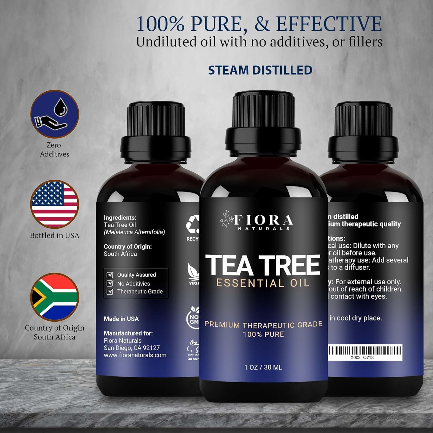 Fiora Naturals Aceite de árbol de té para piel, cara, cabello y uñas de los pies – Aceite esencial de árbol de té 100% puro para humidificador,