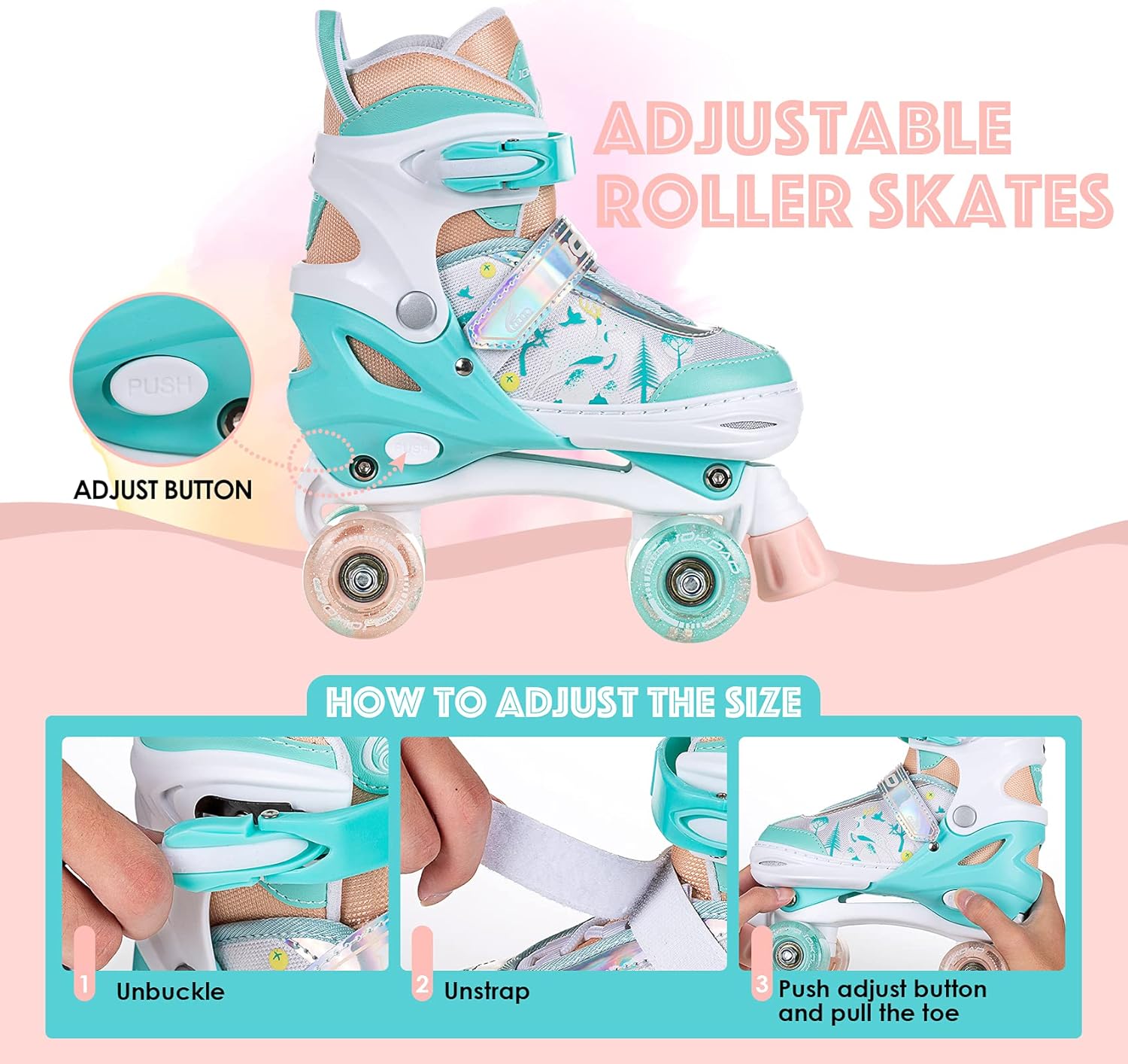 Roller Skates for Kids Girls Boys, 4 Sizes Adjustable Toddler Kids Roller Skates with Light Up Wheels for Indoor and Outdoor