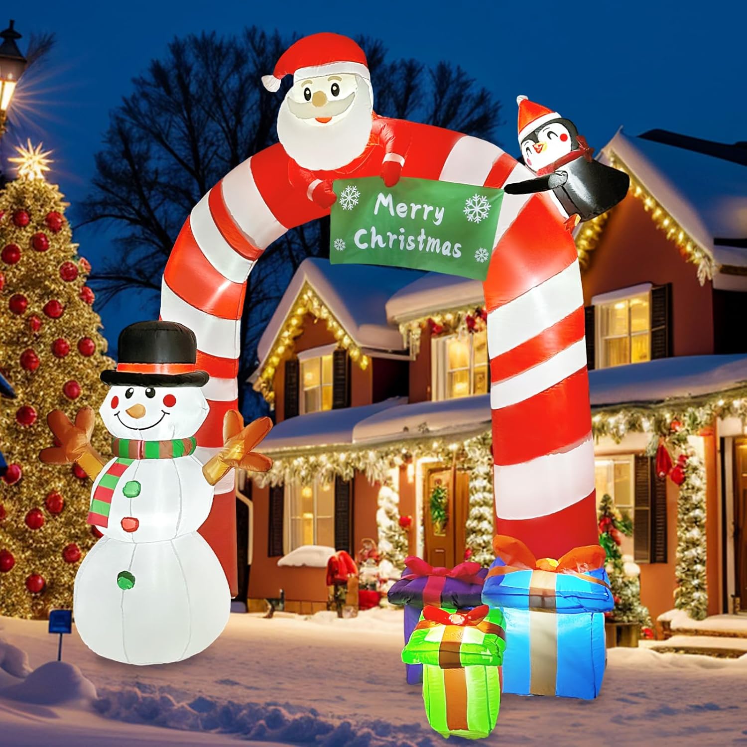 OurWarm Arco inflable de bastón de caramelo inflable de 8 pies, pingüino de Papá Noel y muñeco de nieve, decoraciones de patio con luces LED