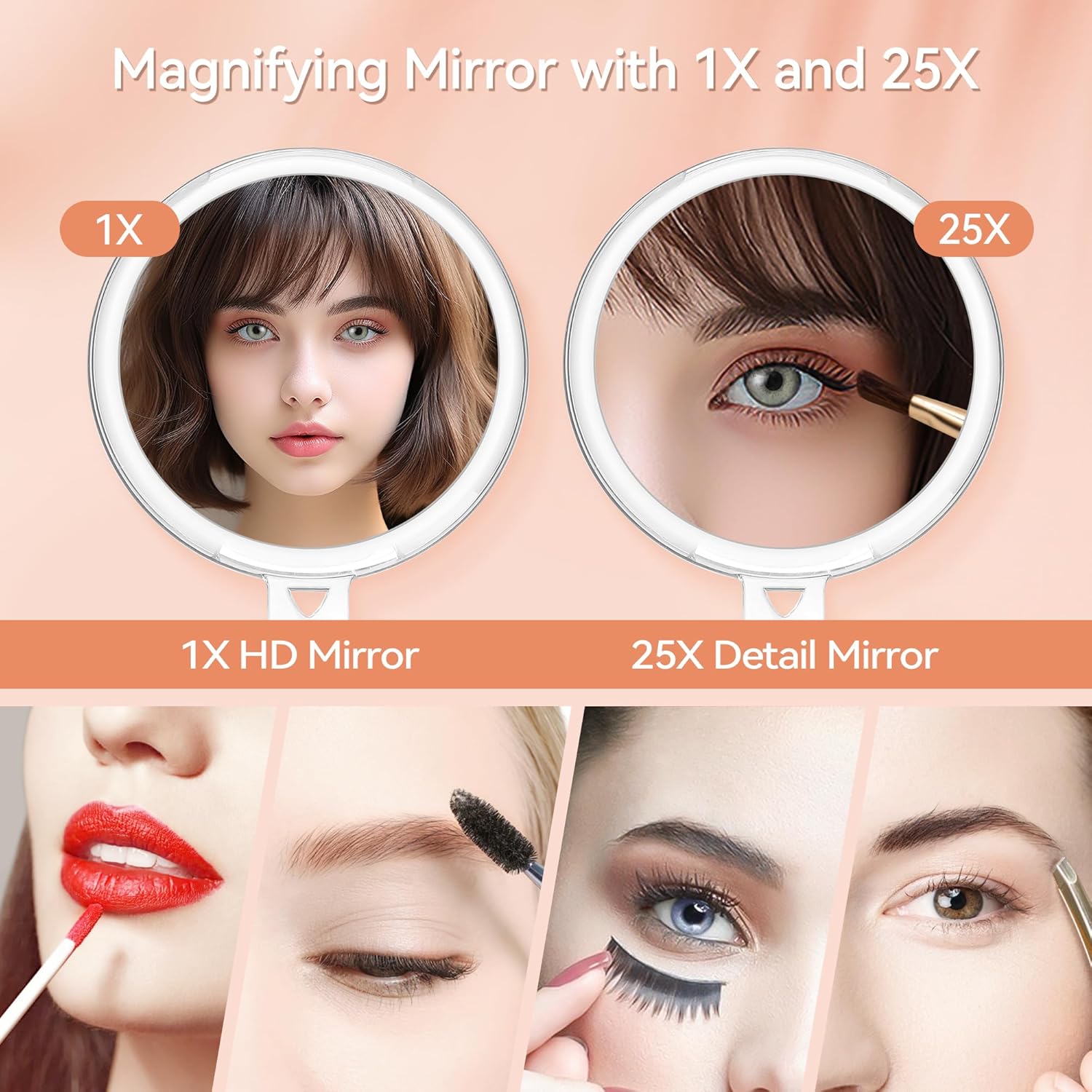 B Beauty Planet Espejo de mano 25X, espejo de aumento con mango y pinzas, espejo de maquillaje portátil con aumento, espejo pequeño portátil, espejo