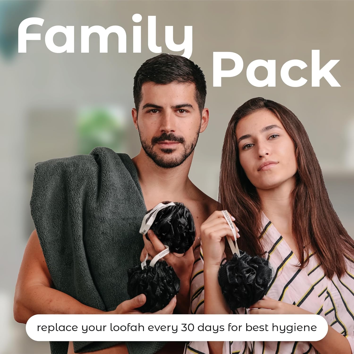 MainBasics Esponja de esponja para baño y ducha, esponja exfoliante corporal (juego de 3, color negro triple)