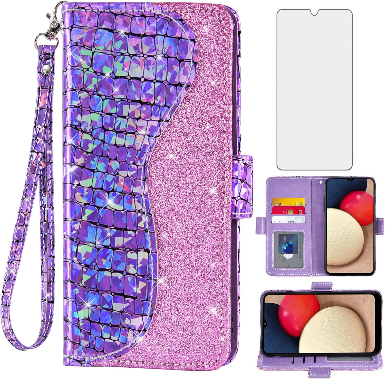 Asuwish Funda de teléfono para Samsung Galaxy A02s con protector de pantalla y correa para la muñeca, soporte para tarjetas con purpurina brillante,