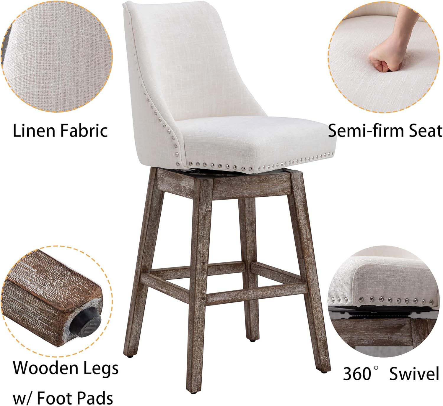 DM Furniture Taburetes de bar de 27.5 pulgadas de altura de mostrador, taburetes de cocina modernos de lino con patas traseras de madera, taburetes
