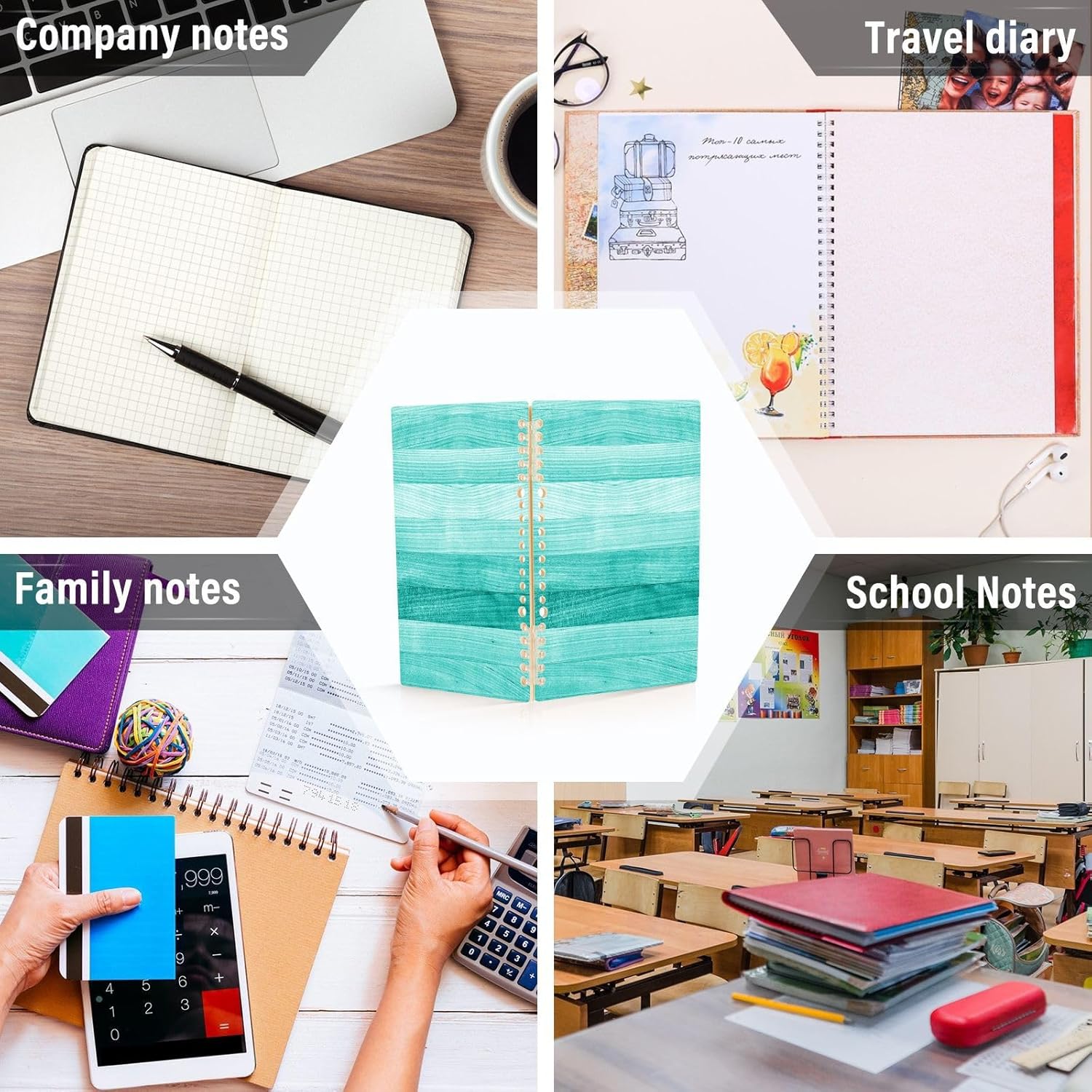 Angelabao Paquete de 2 cuadernos con rayas universitarias, cuaderno de espiral de madera verde turquesa, verde azulado, diario para estudiantes,