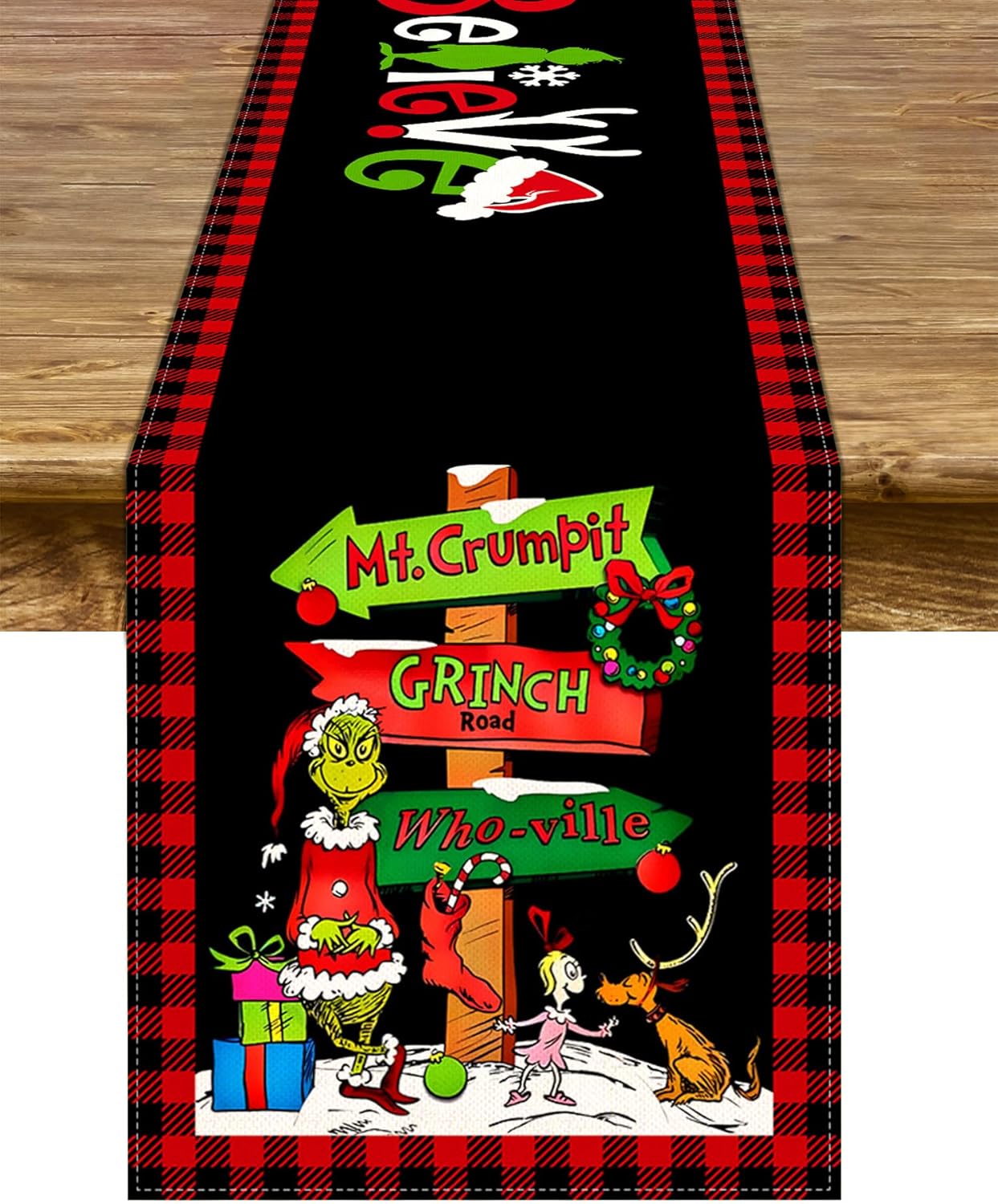 Camino de mesa Grinchmas Feliz Navidad, vacaciones de invierno, fiesta temática, cocina, comedor, decoración del hogar (negro y rojo, 13 x 108