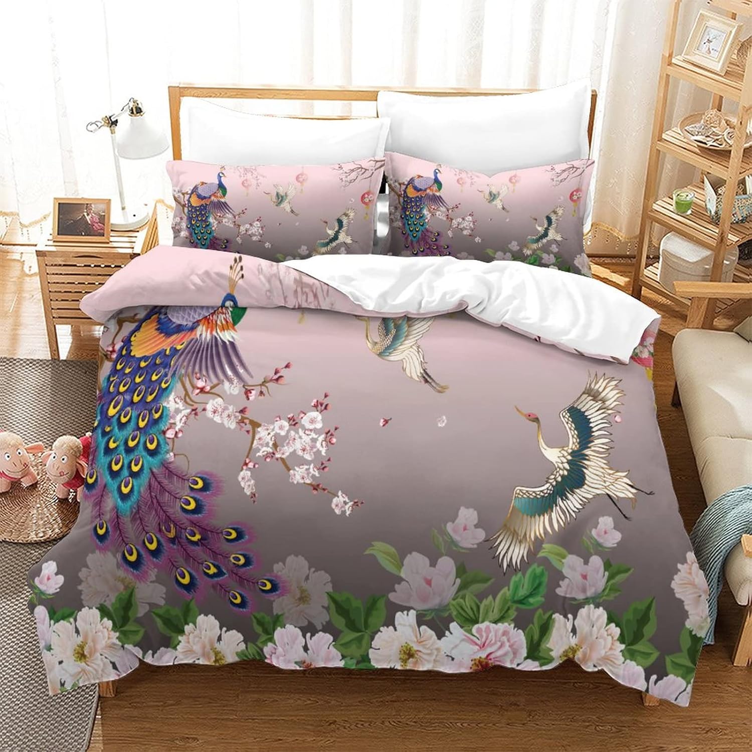 Juego de ropa de cama de pavo real, hermoso juego de ropa de cama de animales, decoración de habitación para niños y niñas, juego de microfibra