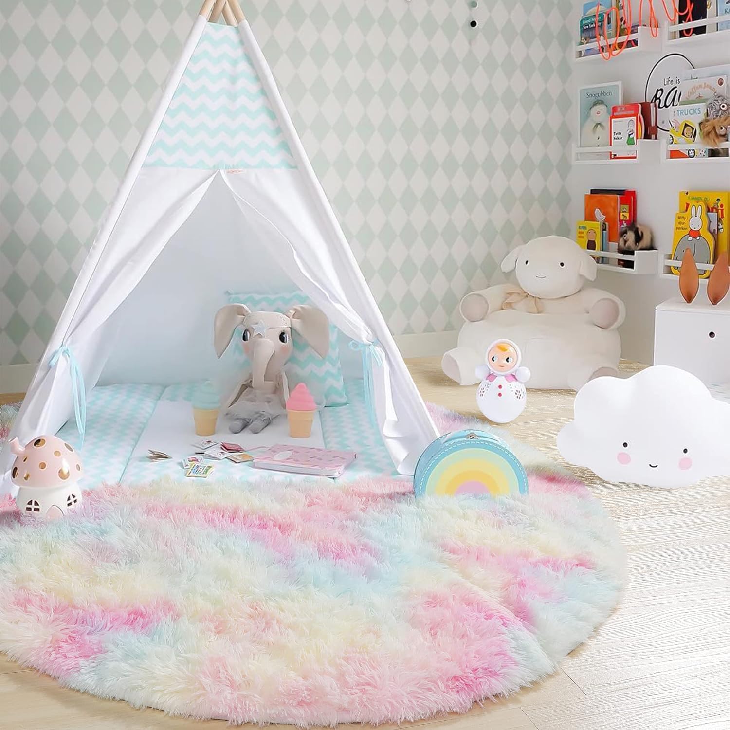 Alfombra esponjosa redonda arcoíris para dormitorio de niños, decoración de habitación de unicornio, alfombra de pelo largo para guardería, alfombra