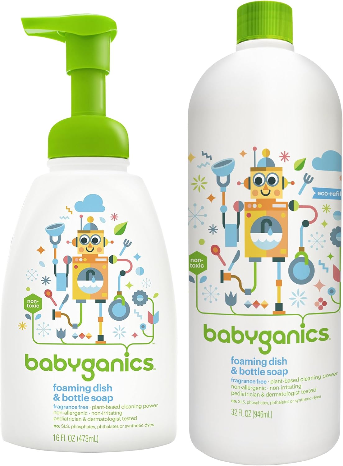 Babyganics – Kit de recambio de jabón de espuma para platos y jabón con botella, 16 onzas
