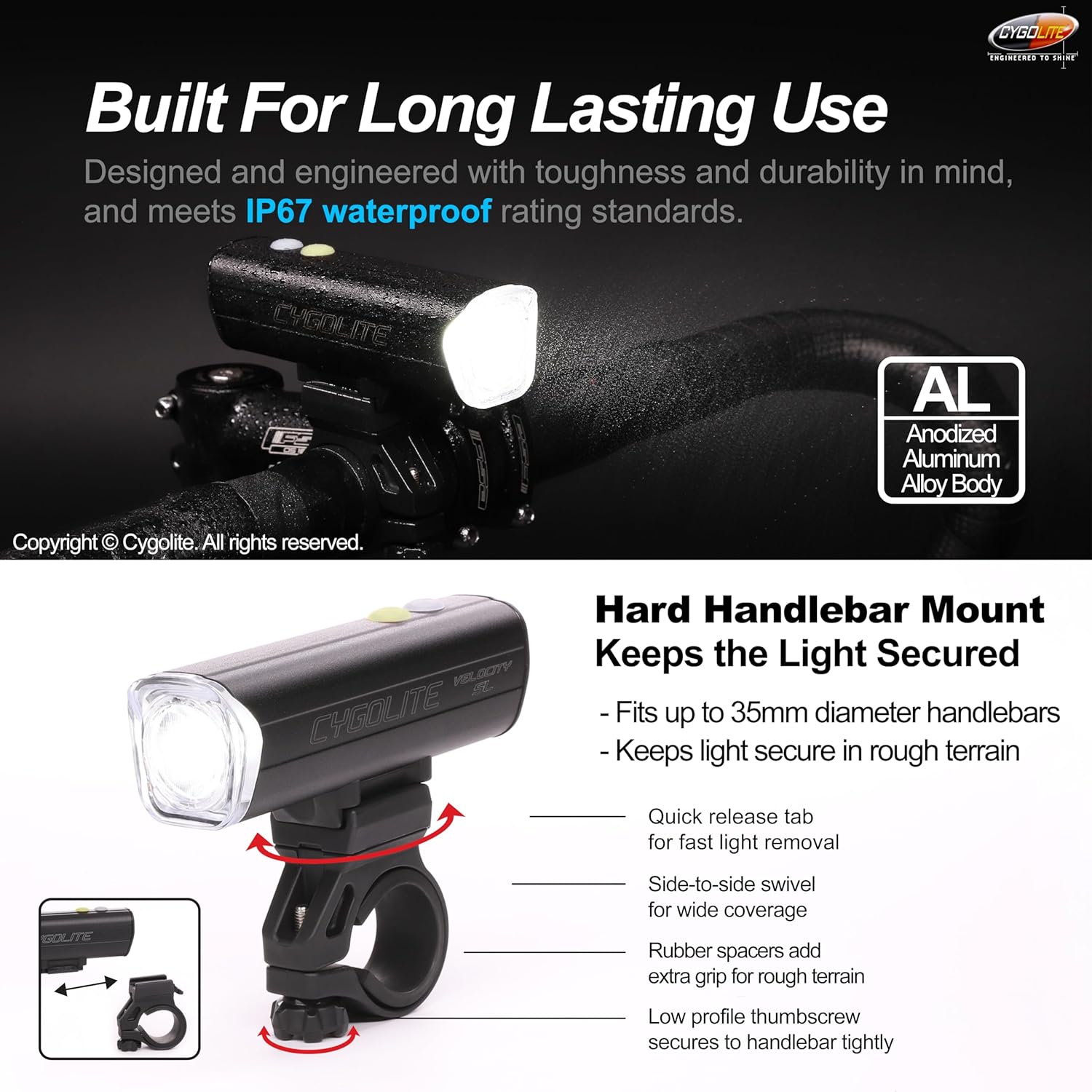 Cygolite Velocity SL – Luz de bicicleta de 1000 lúmenes, aleación de aluminio anodizado, 9 modos de luz, brillo ajustable fino, compacto IP67