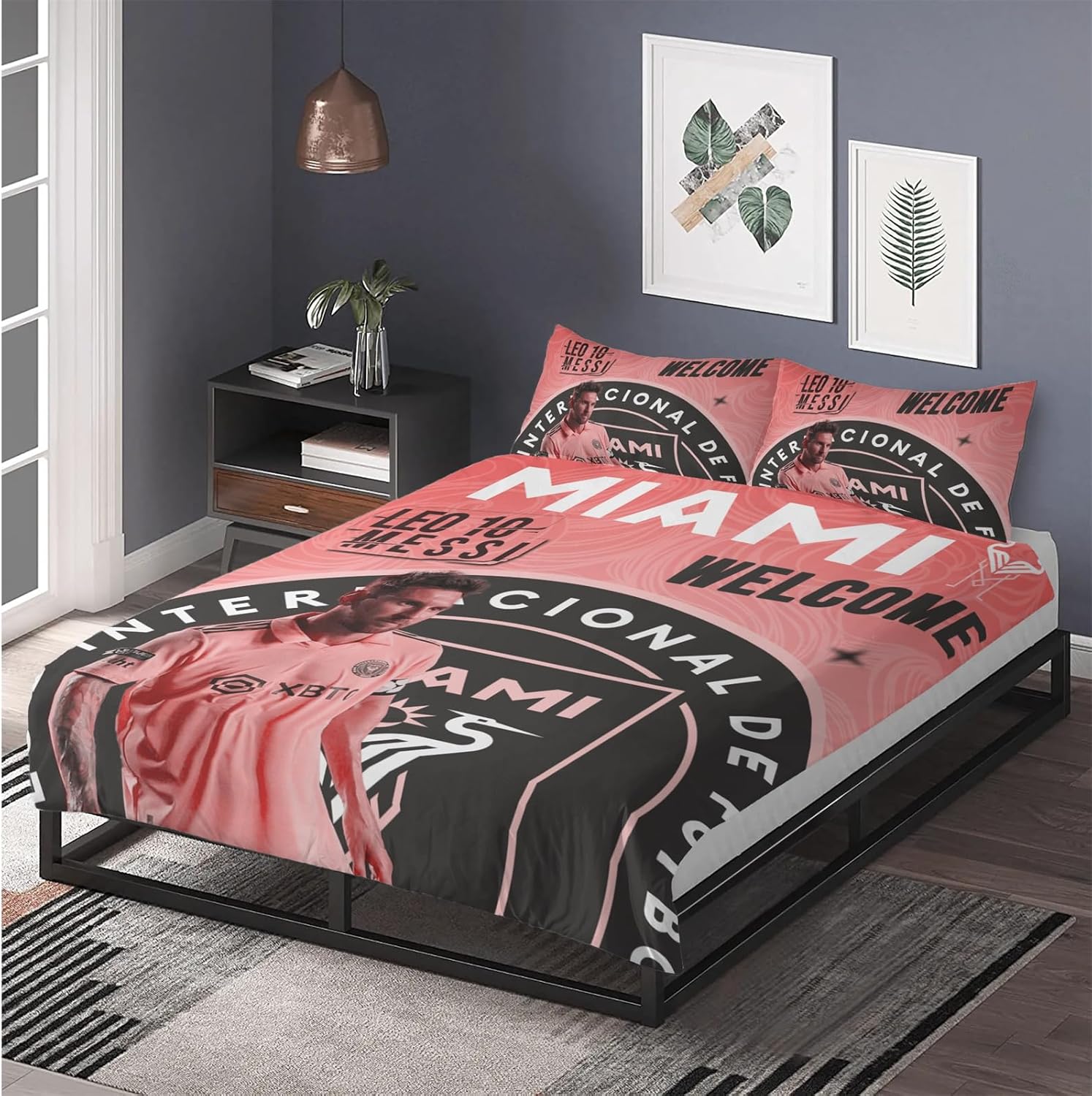 Miami – Juego de ropa de cama de fútbol, juego de funda de edredón de fútbol rosa, juego de ropa de cama de fútbol de microfibra suave, 3 piezas,