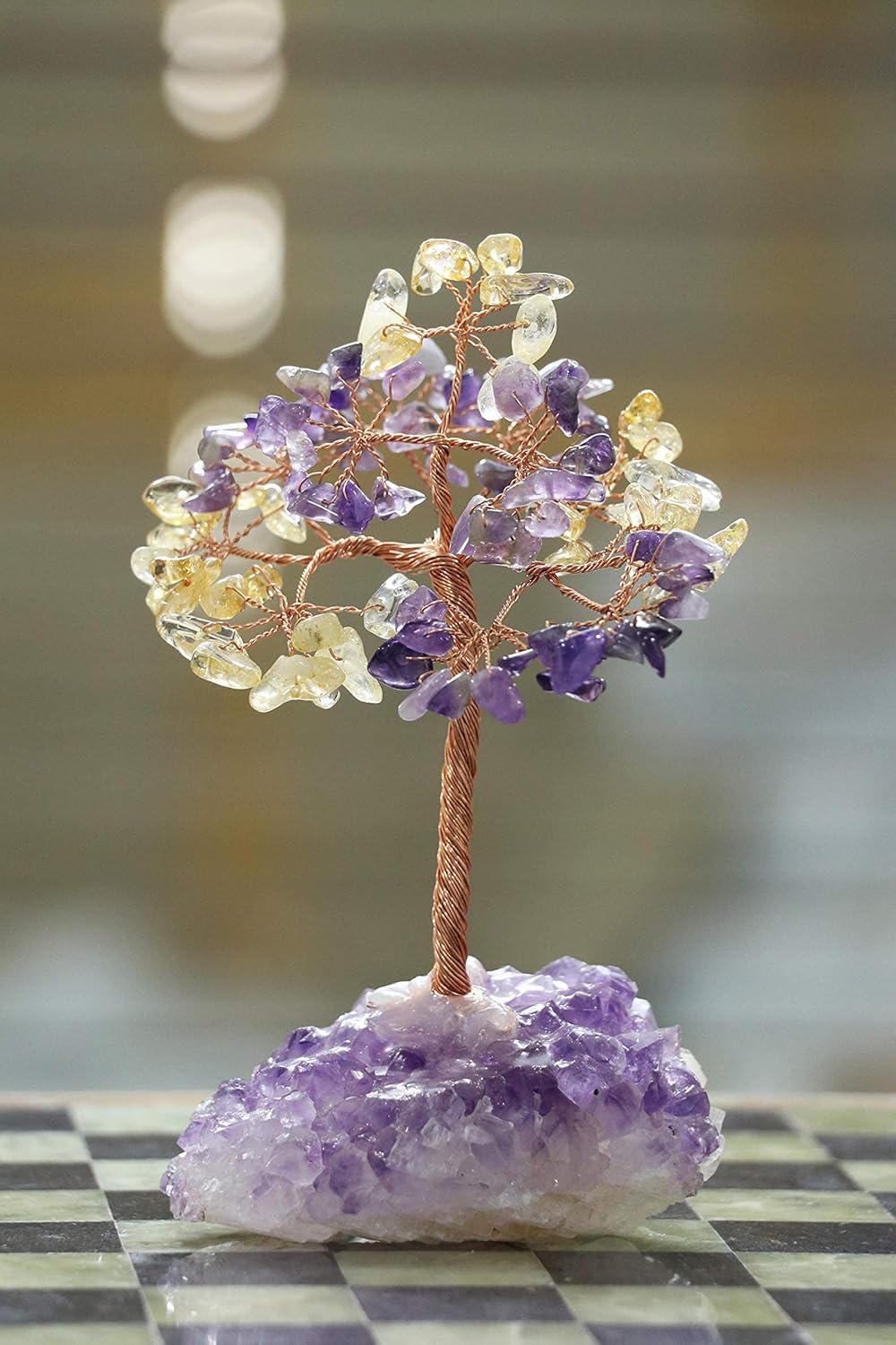 Árbol de la vida con piedras preciosas de amatista, citrina, base amatista natural, alambre de cobre bonsái de energía positiva, feng shui, dinero,