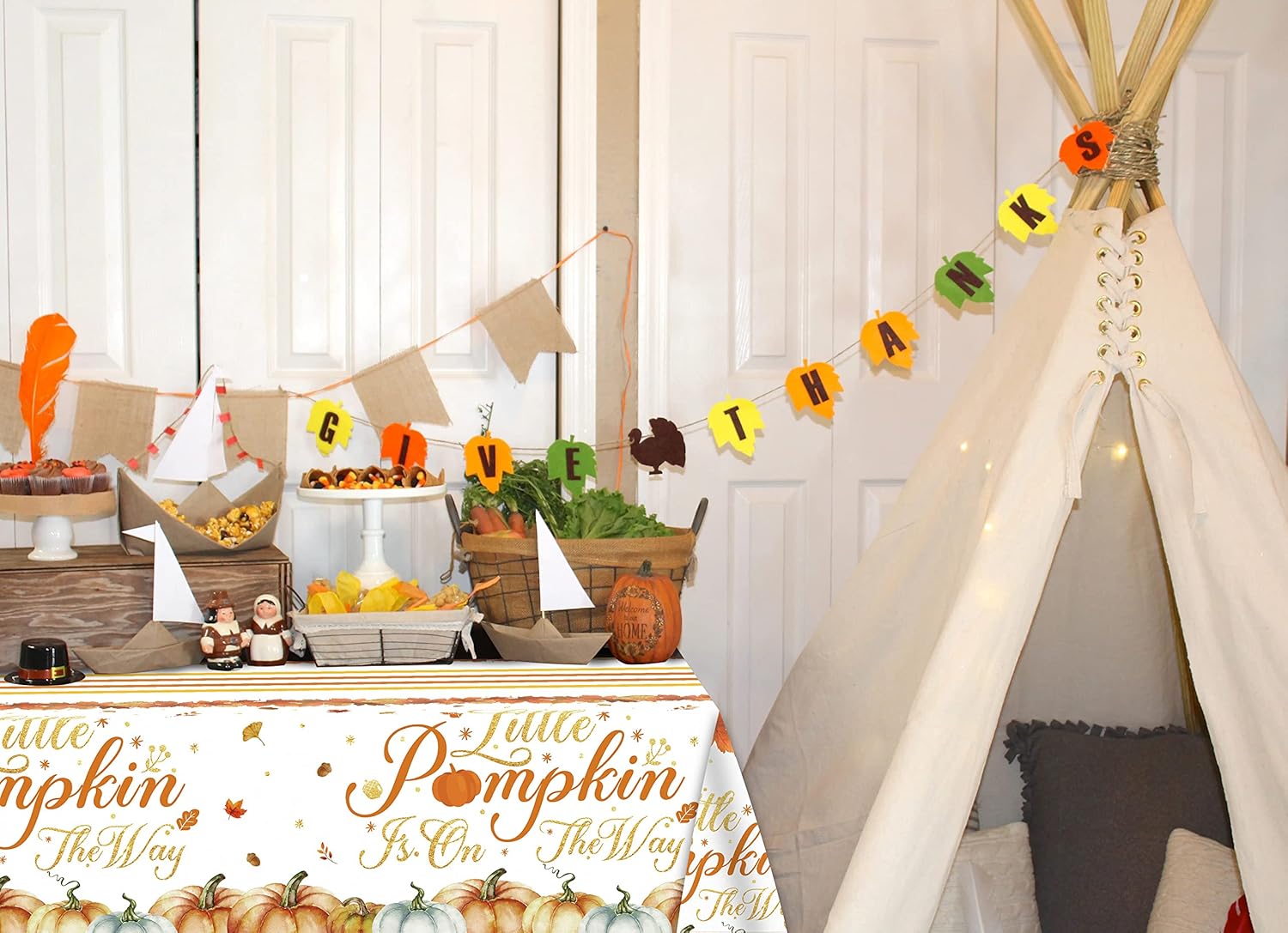 Mantel de otoño para baby shower, 3 piezas, diseño de calabaza pequeña está en camino, decoración de otoño para baby shower, Acción de Gracias,