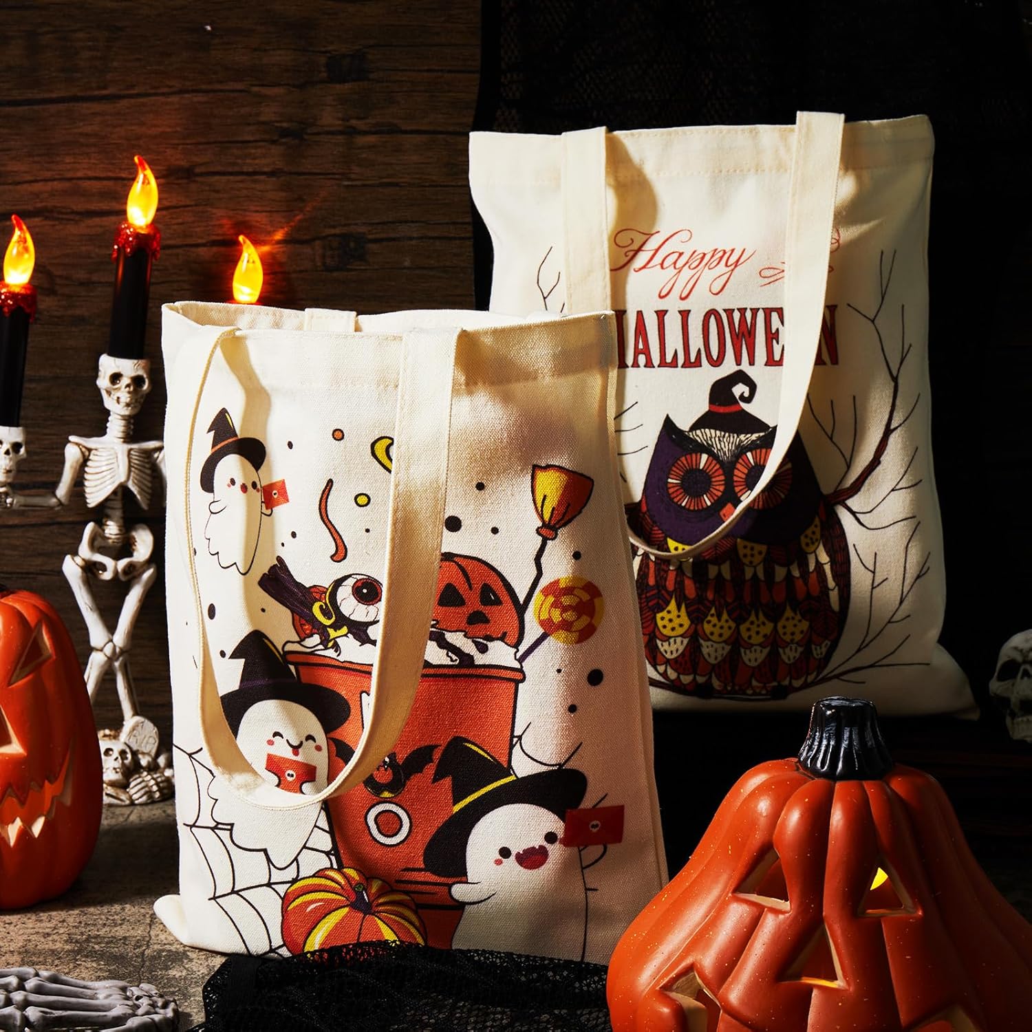 6 bolsas de lona de Halloween a granel reutilizables para dulces, bolsa de compras grande para Halloween, bolsas de truco o trato, diseño de