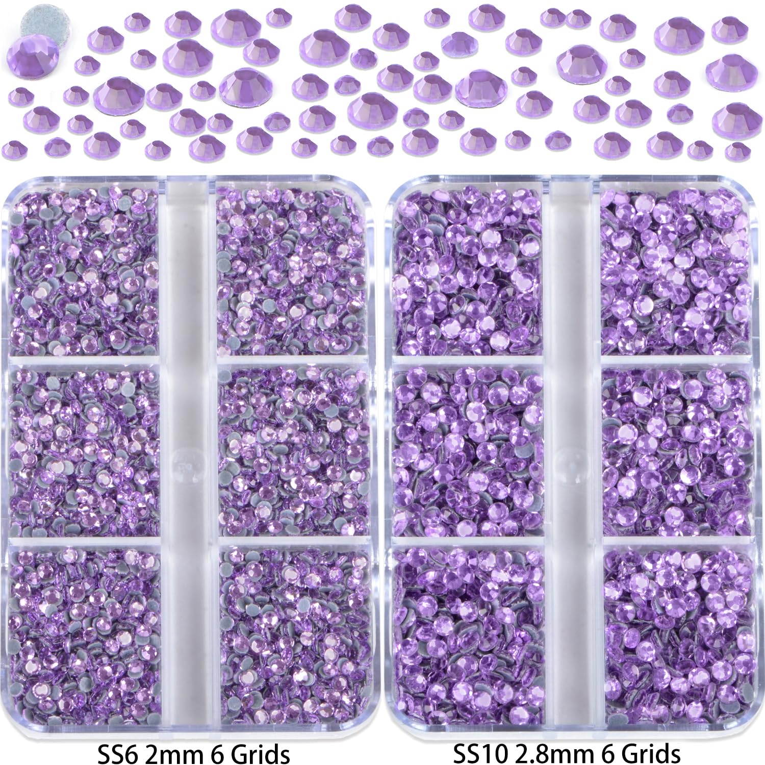 10000 unidades de 5 diamantes de imitación termoadhesivos violetas de tamaño mixto para manualidades, ropa, arte de uñas con pinzas y lápiz para
