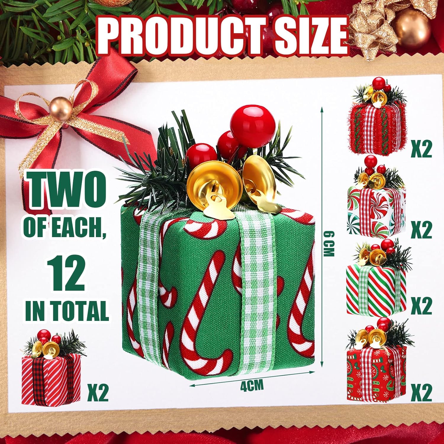 12 mini cajas de regalo para árbol de Navidad, adornos de árbol de Navidad, decoración de regalo de Navidad, adornos de Navidad colgantes con