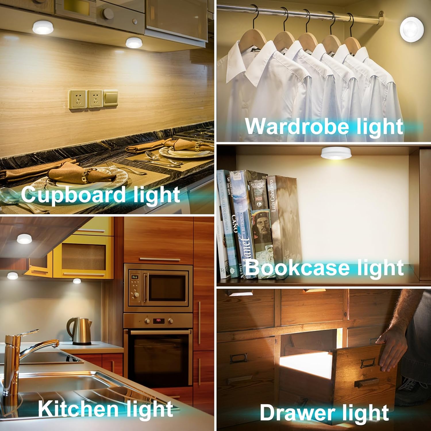 Luces de disco, luces LED de grifo que funcionan con pilas, luces adhesivas, mini luces táctiles nocturnas, luces debajo del gabinete y mostrador,