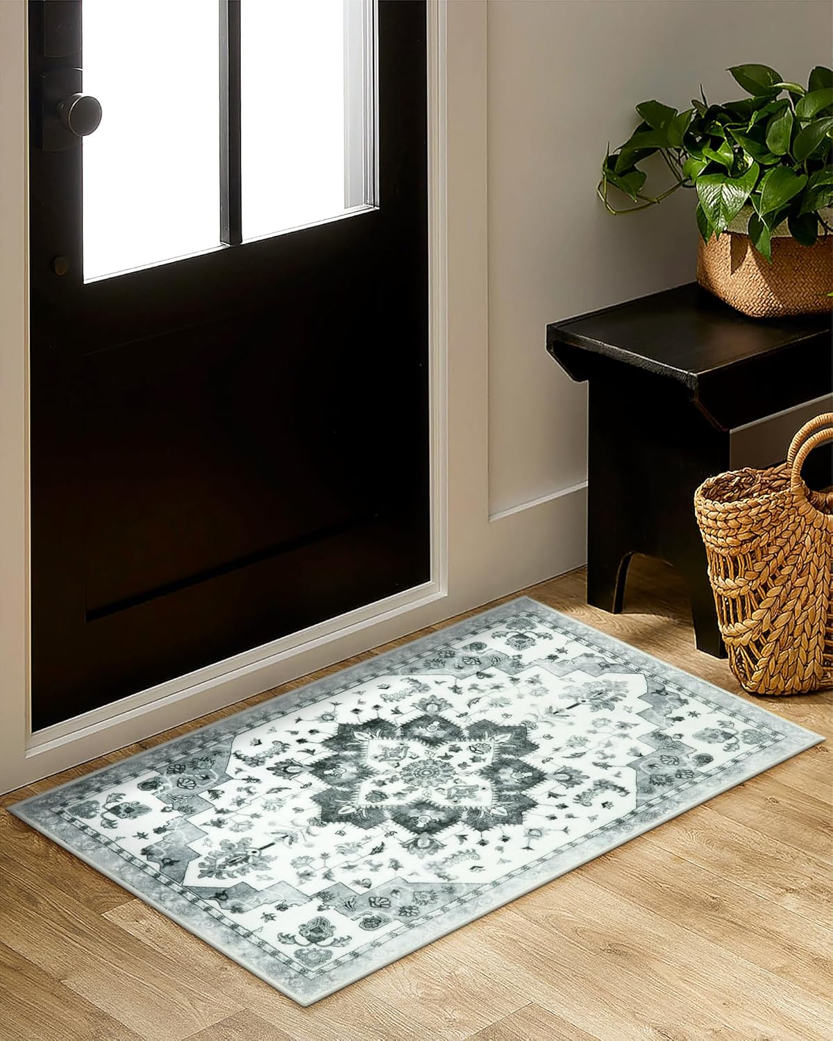 Seavish Tapetes de baño pequeños antideslizantes de 18 x 26 pulgadas, color gris, oriental, retro, envejecidos, suaves y absorbentes, para baño,
