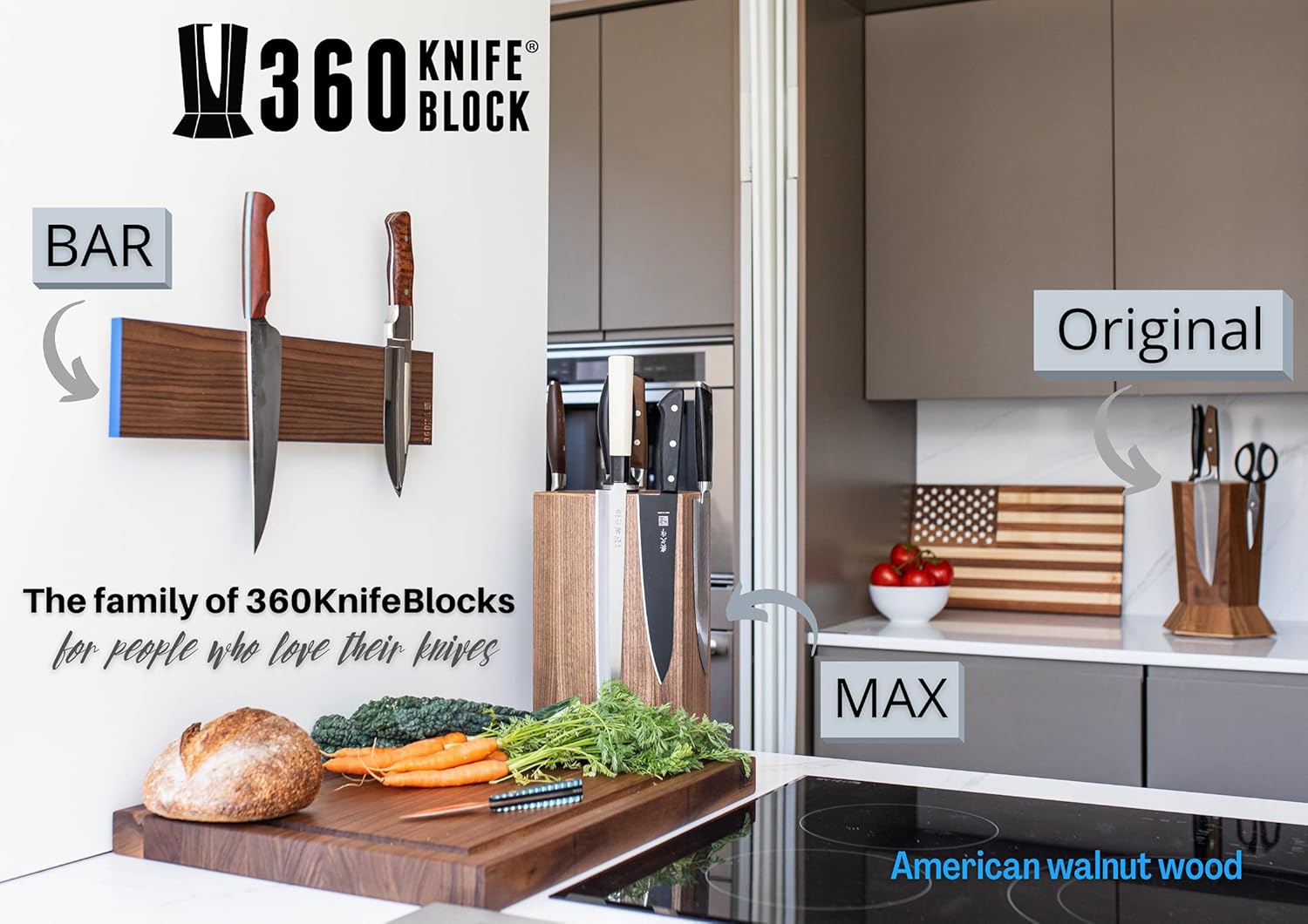 360KnifeBlock BAR – (nogal y blanco) Barra de cuchillo de montaje en pared de 4 x 16 pulgadas, nivel integrado, clips de acero, tornillos de 2